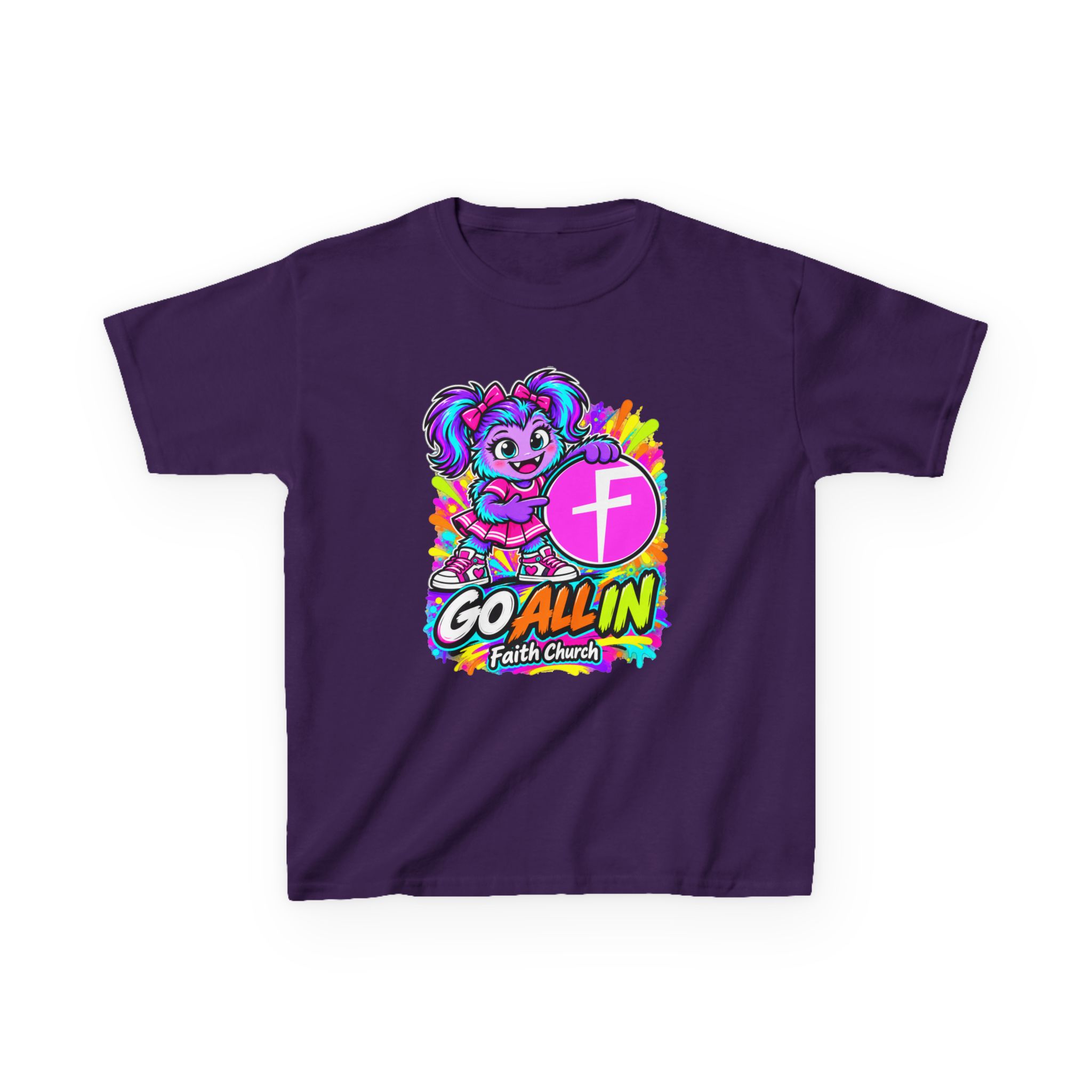 Kids T-Shirt — "Go All In" Faith Church Bright Mascot Design - Image 46