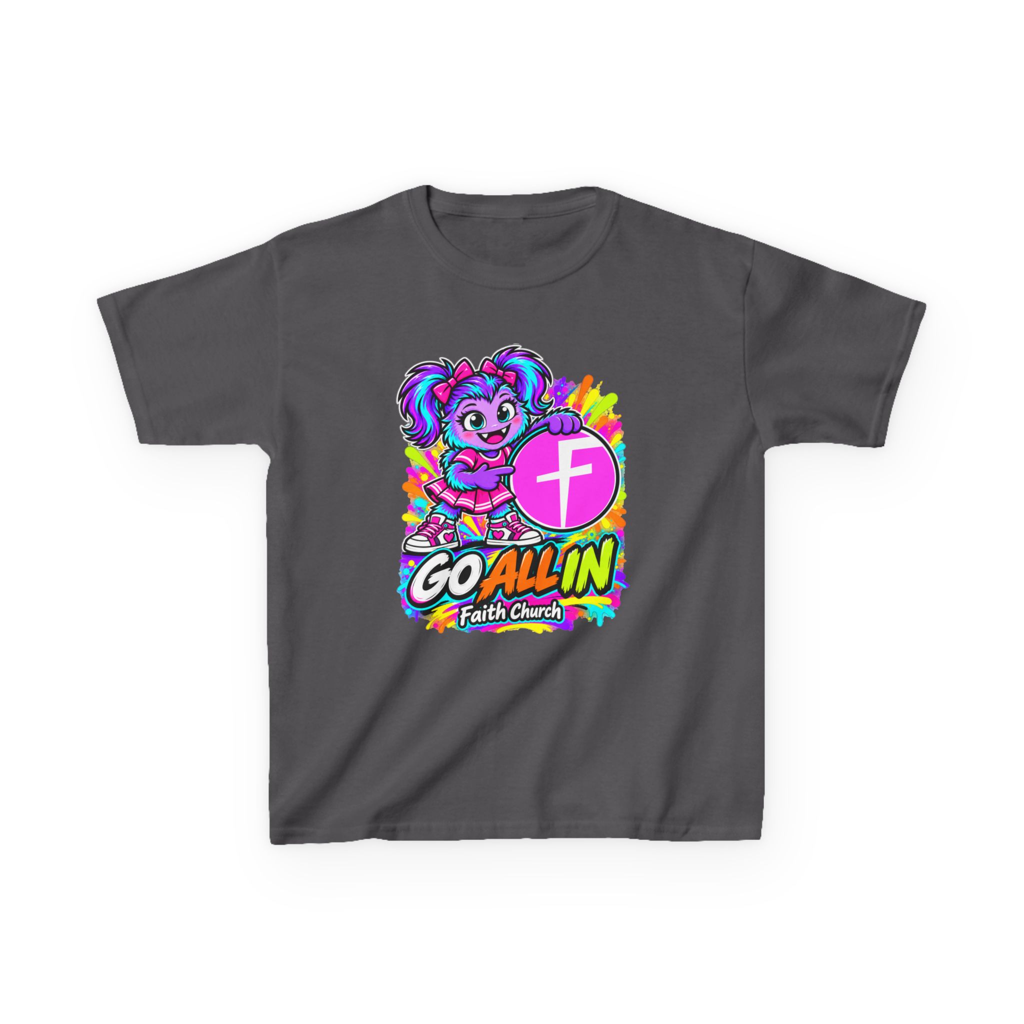 Kids T-Shirt — "Go All In" Faith Church Bright Mascot Design - Image 36