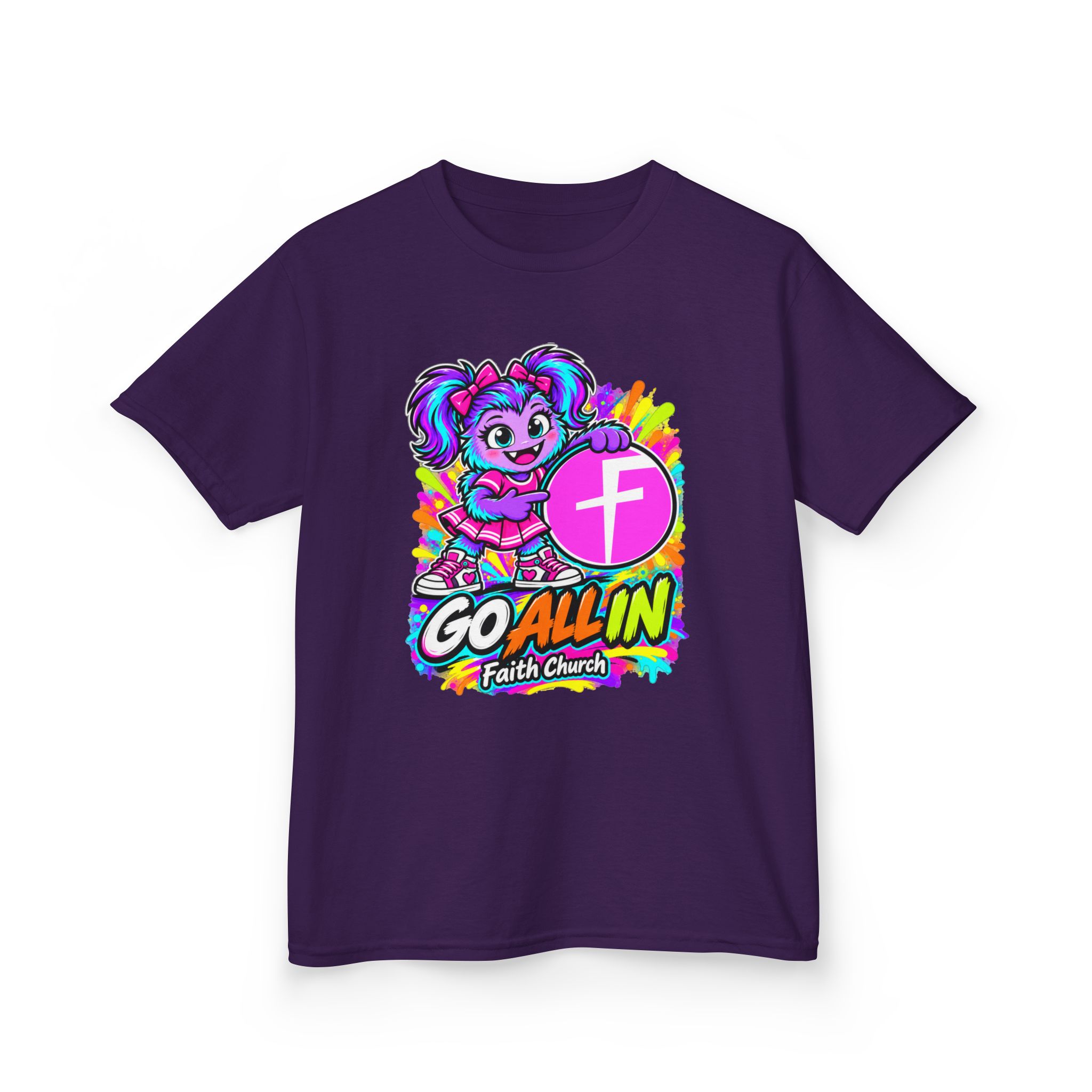 Kids T-Shirt — "Go All In" Faith Church Bright Mascot Design - Image 47