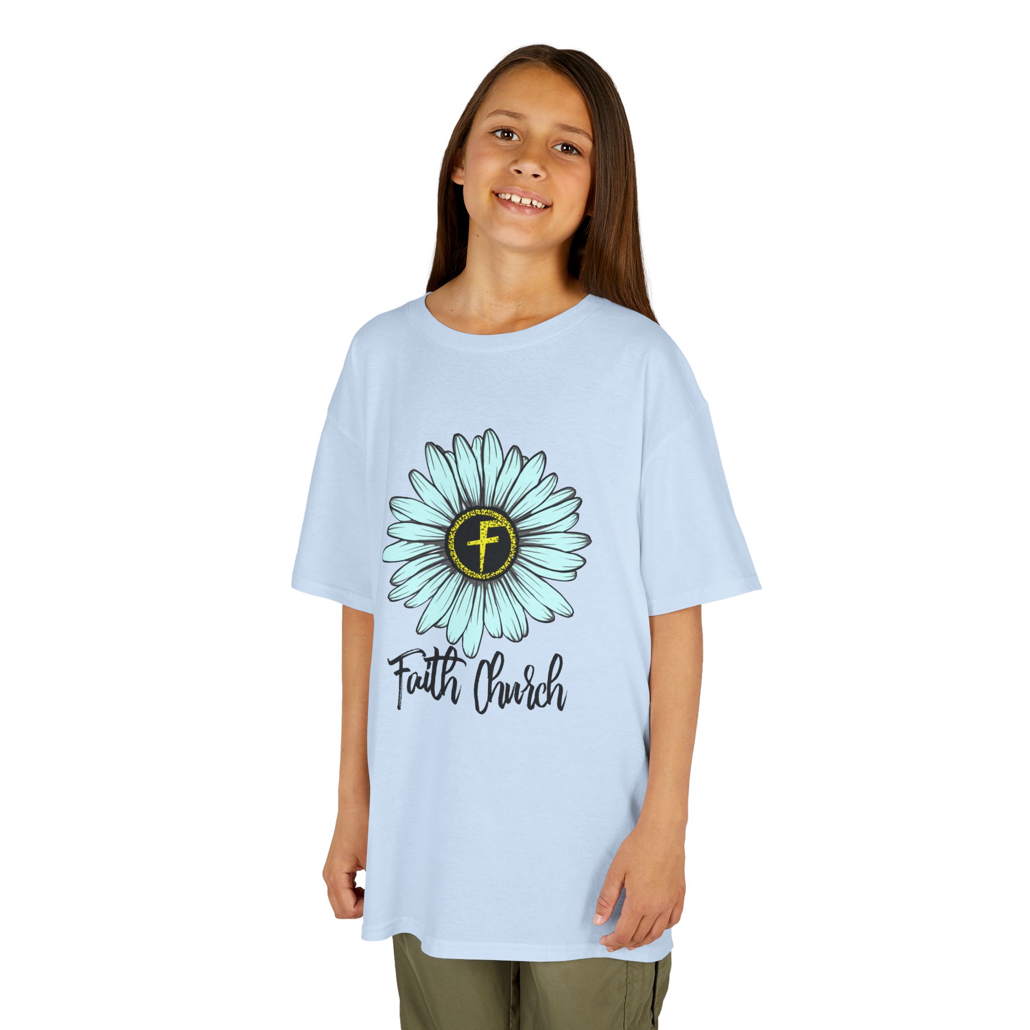 Kids Tee – Blue Daisy “Faith Overfear” Floral Christian Shirt - Image 27