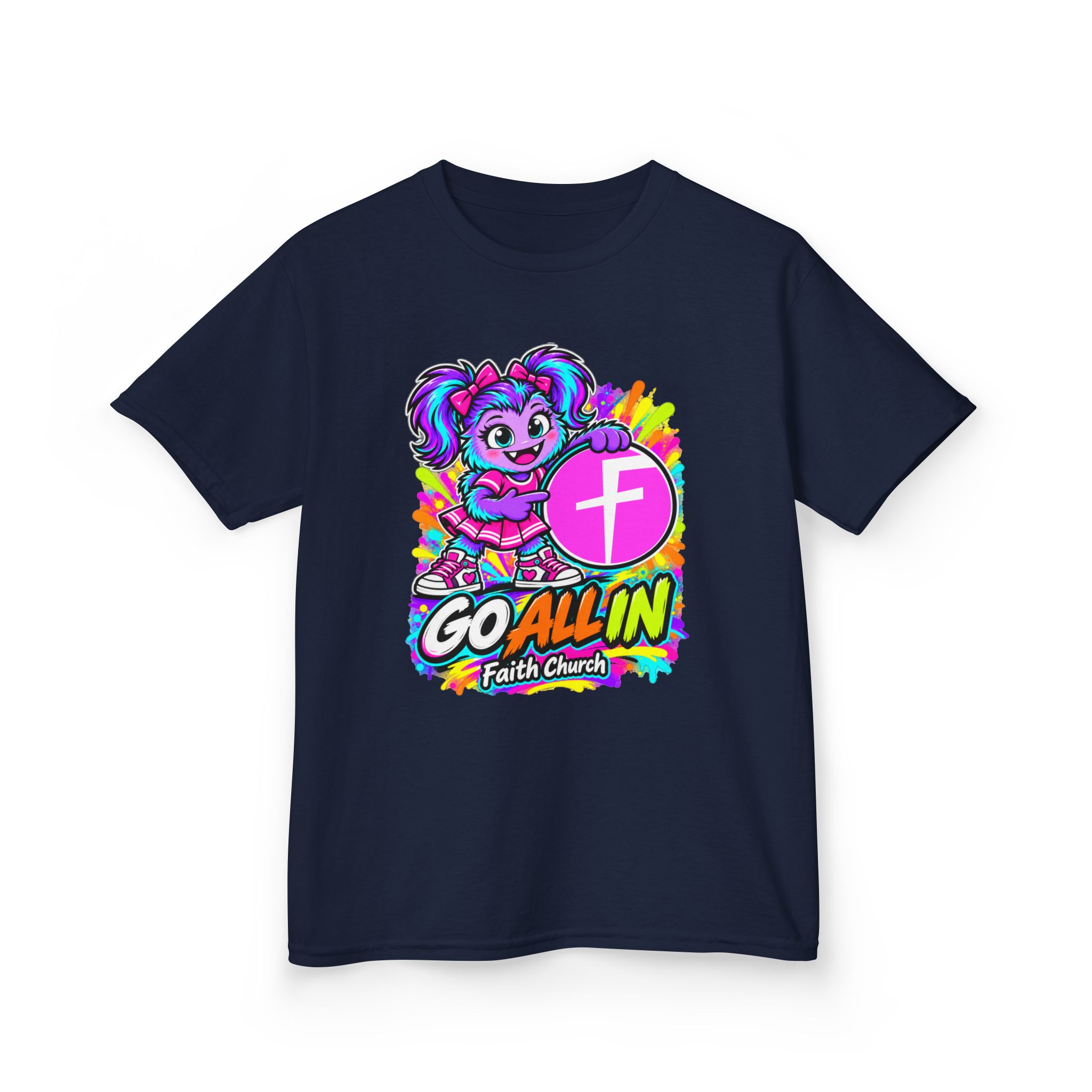 Kids T-Shirt — "Go All In" Faith Church Bright Mascot Design - Image 42
