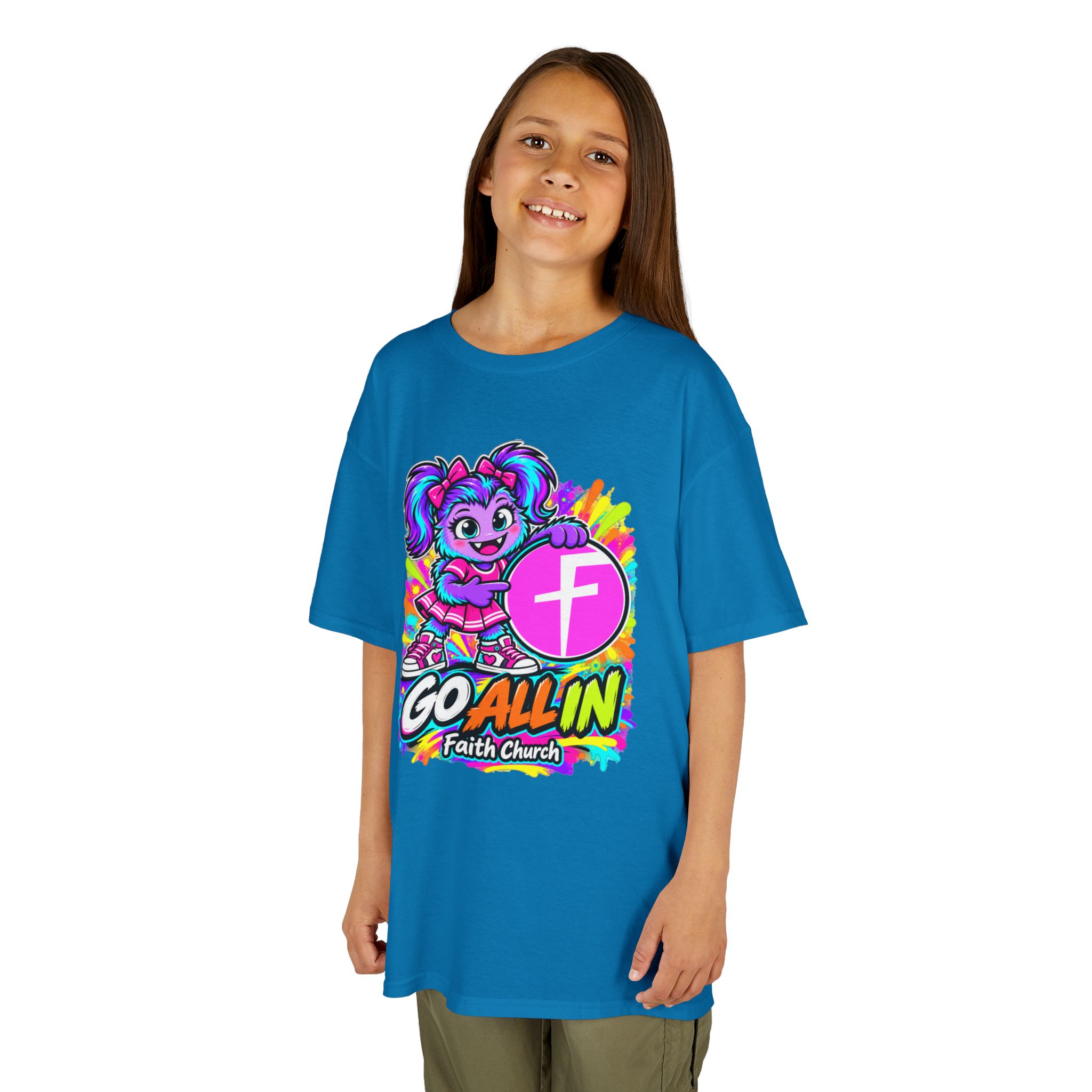 Kids T-Shirt — "Go All In" Faith Church Bright Mascot Design - Image 33