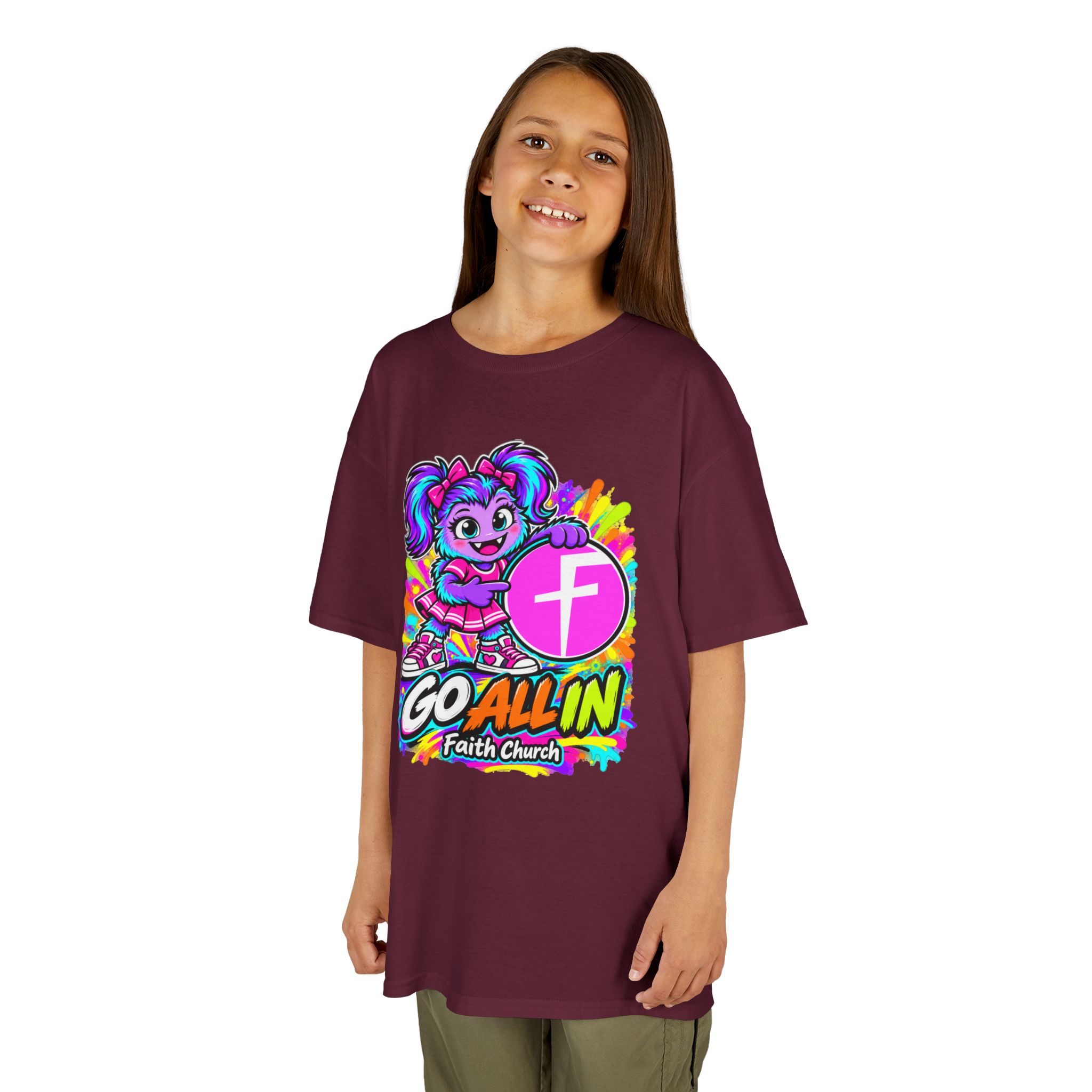 Kids T-Shirt — "Go All In" Faith Church Bright Mascot Design - Image 13