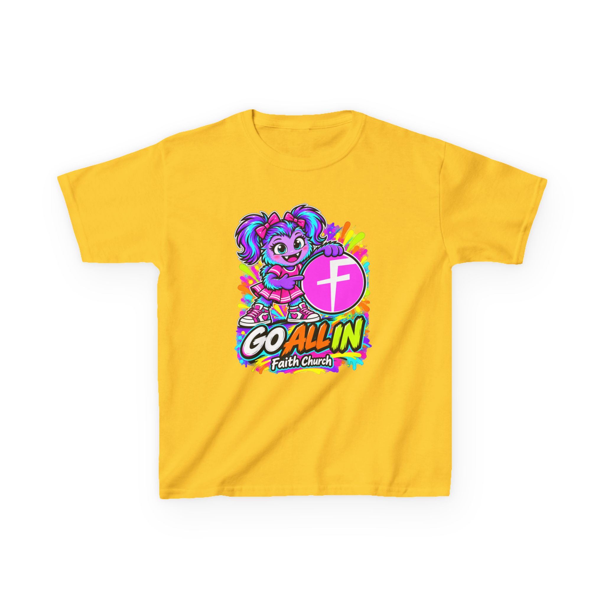 Kids T-Shirt — "Go All In" Faith Church Bright Mascot Design - Image 16