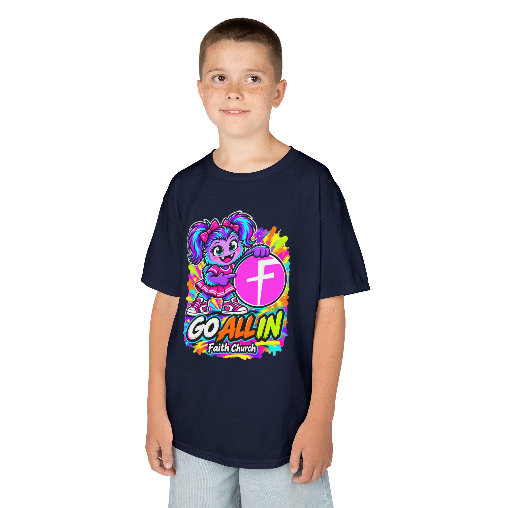 Kids T-Shirt — "Go All In" Faith Church Bright Mascot Design - Image 44