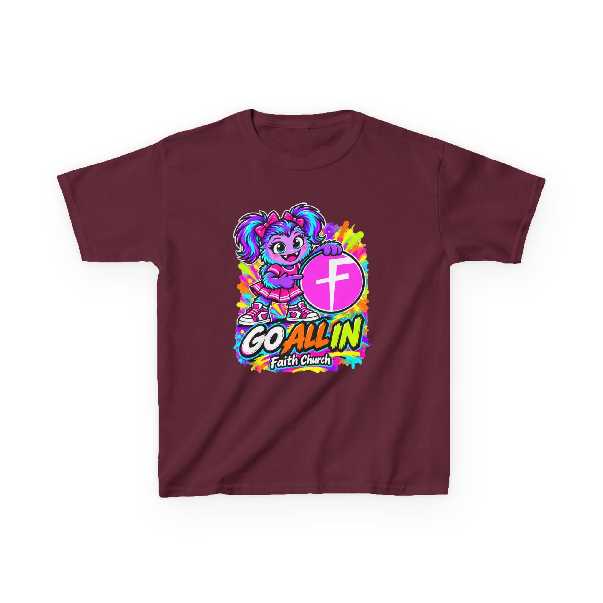 Kids T-Shirt — "Go All In" Faith Church Bright Mascot Design - Image 11
