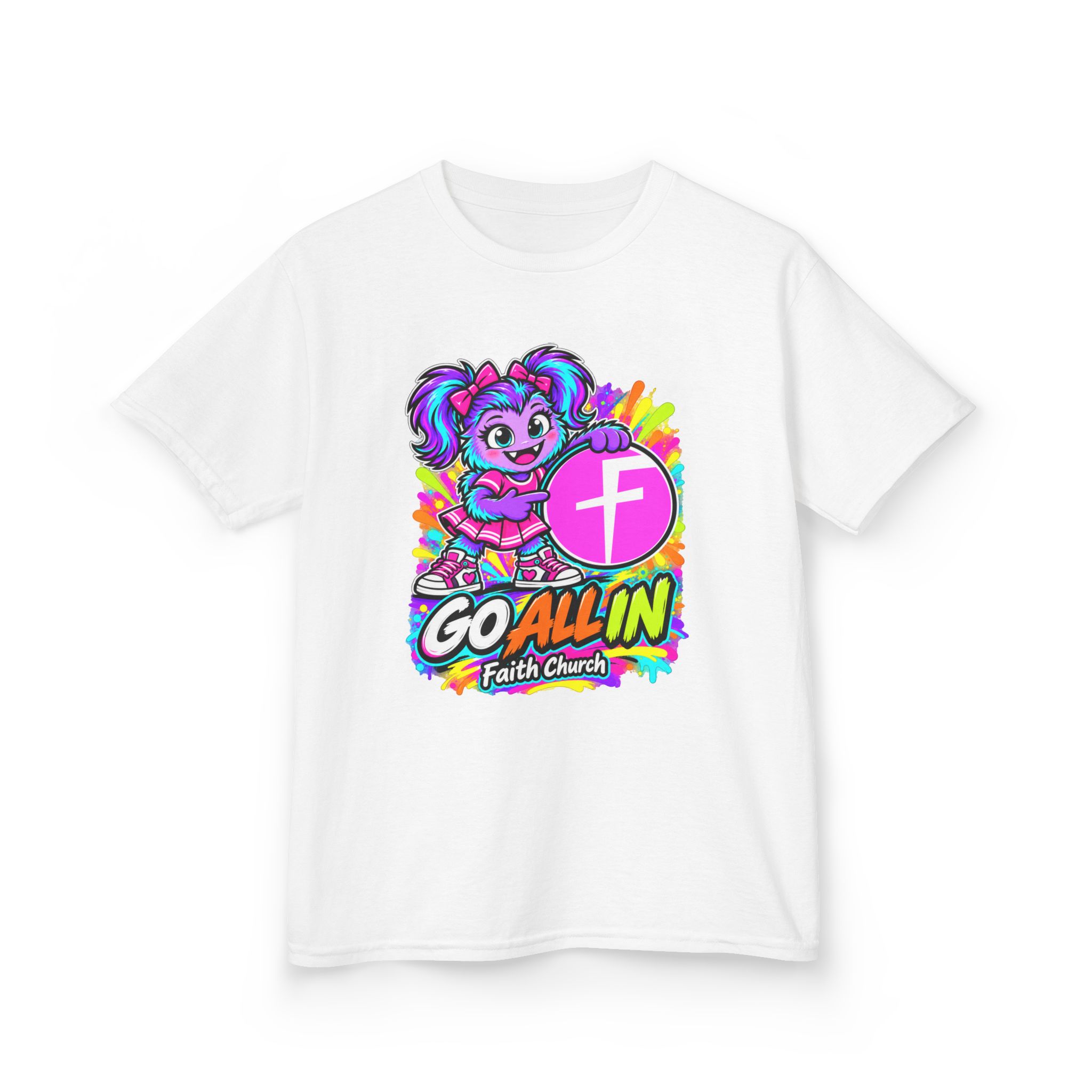 Kids T-Shirt — "Go All In" Faith Church Bright Mascot Design - Image 2
