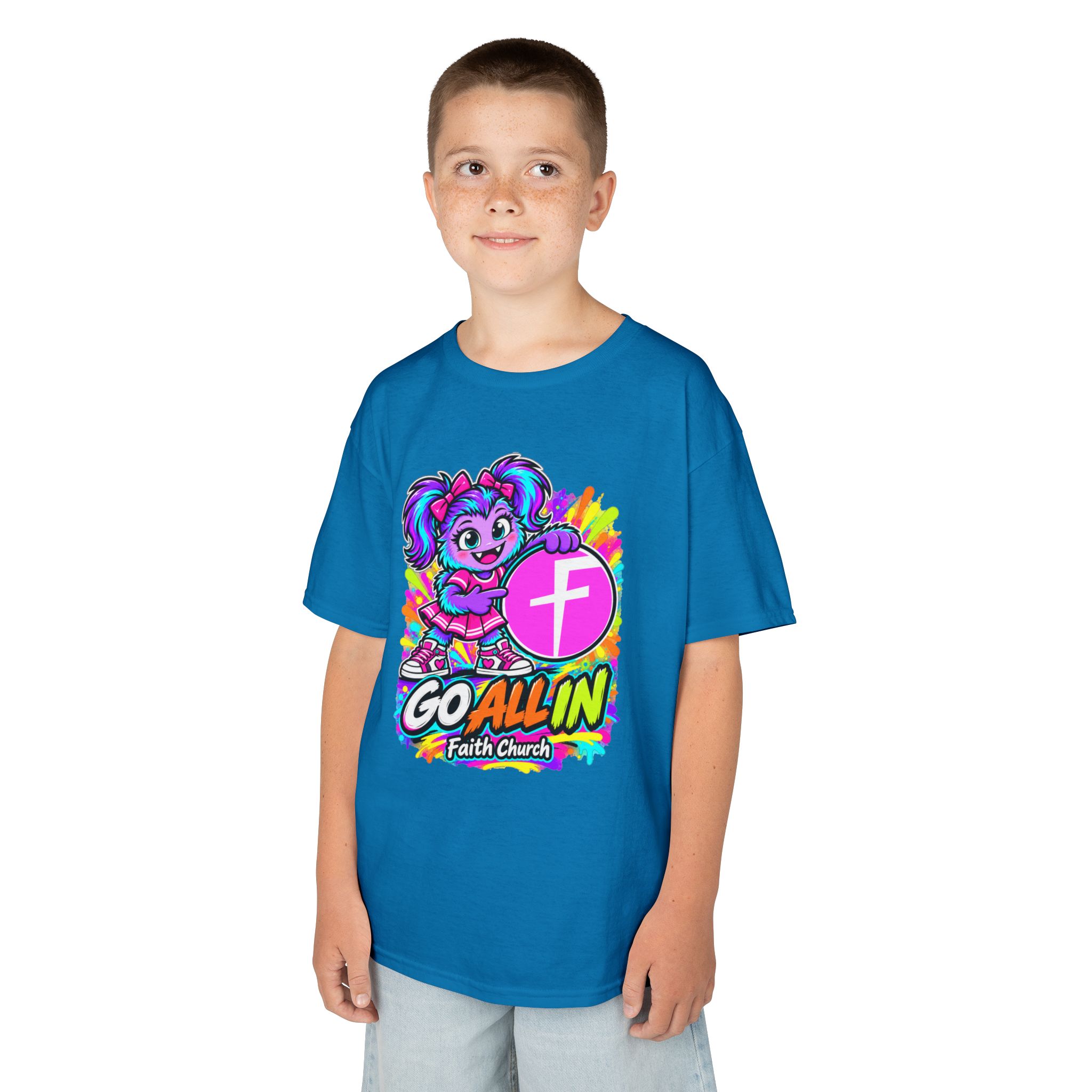 Kids T-Shirt — "Go All In" Faith Church Bright Mascot Design - Image 34