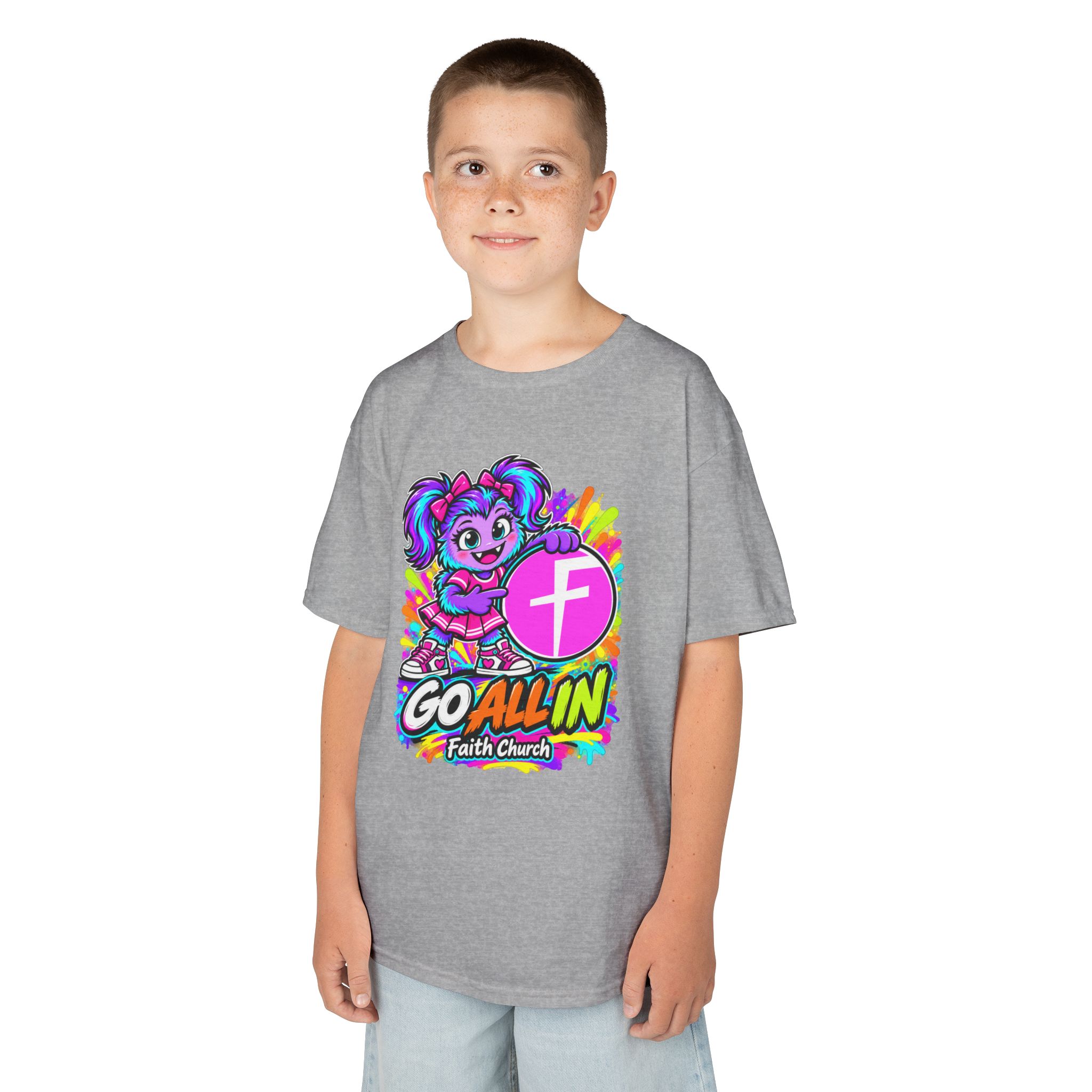 Kids T-Shirt — "Go All In" Faith Church Bright Mascot Design - Image 9