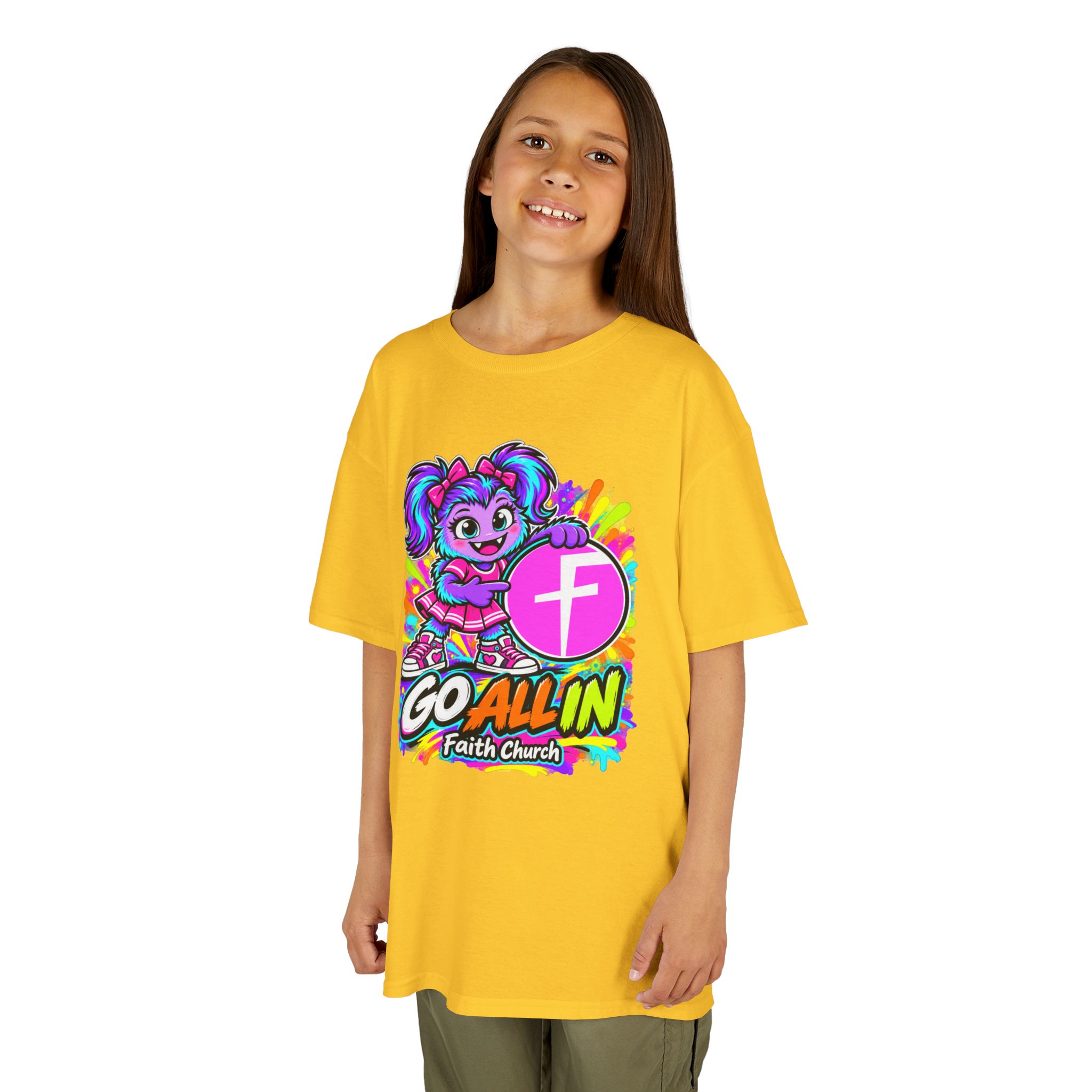 Kids T-Shirt — "Go All In" Faith Church Bright Mascot Design - Image 18