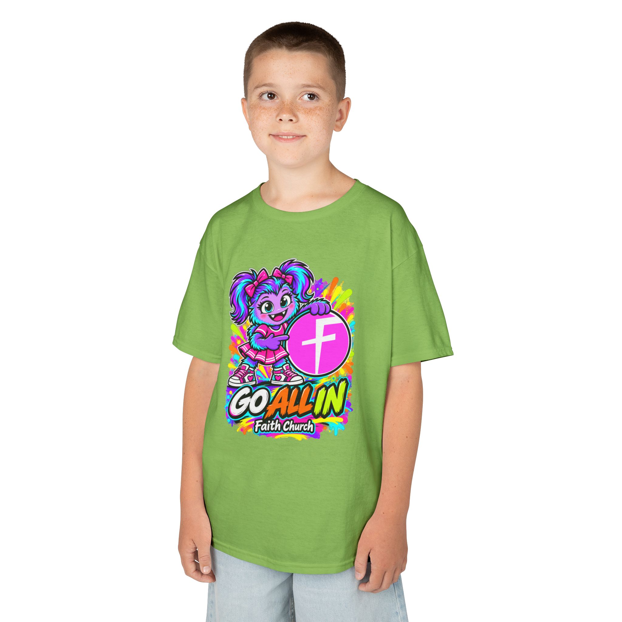 Kids T-Shirt — "Go All In" Faith Church Bright Mascot Design - Image 24