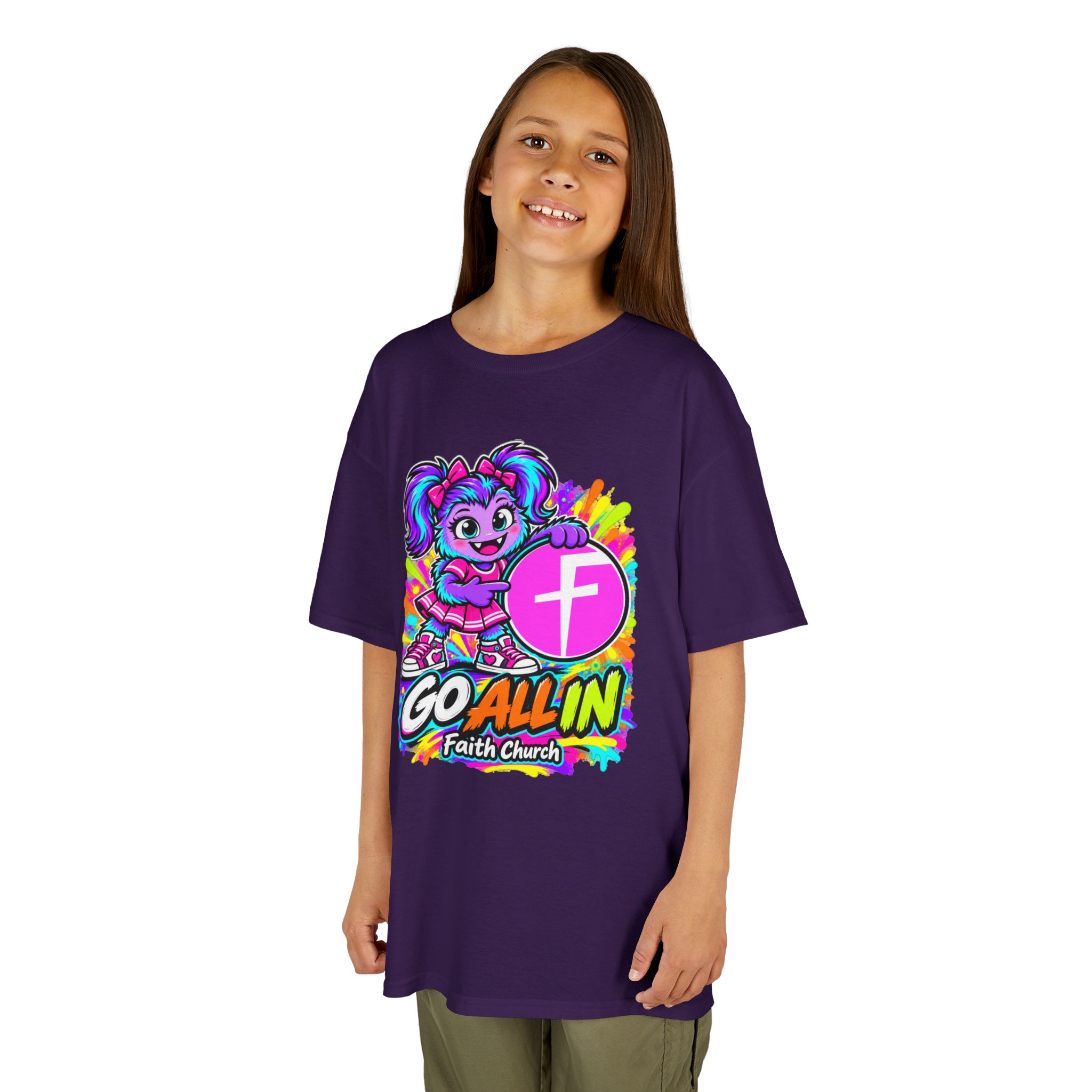 Kids T-Shirt — "Go All In" Faith Church Bright Mascot Design - Image 48