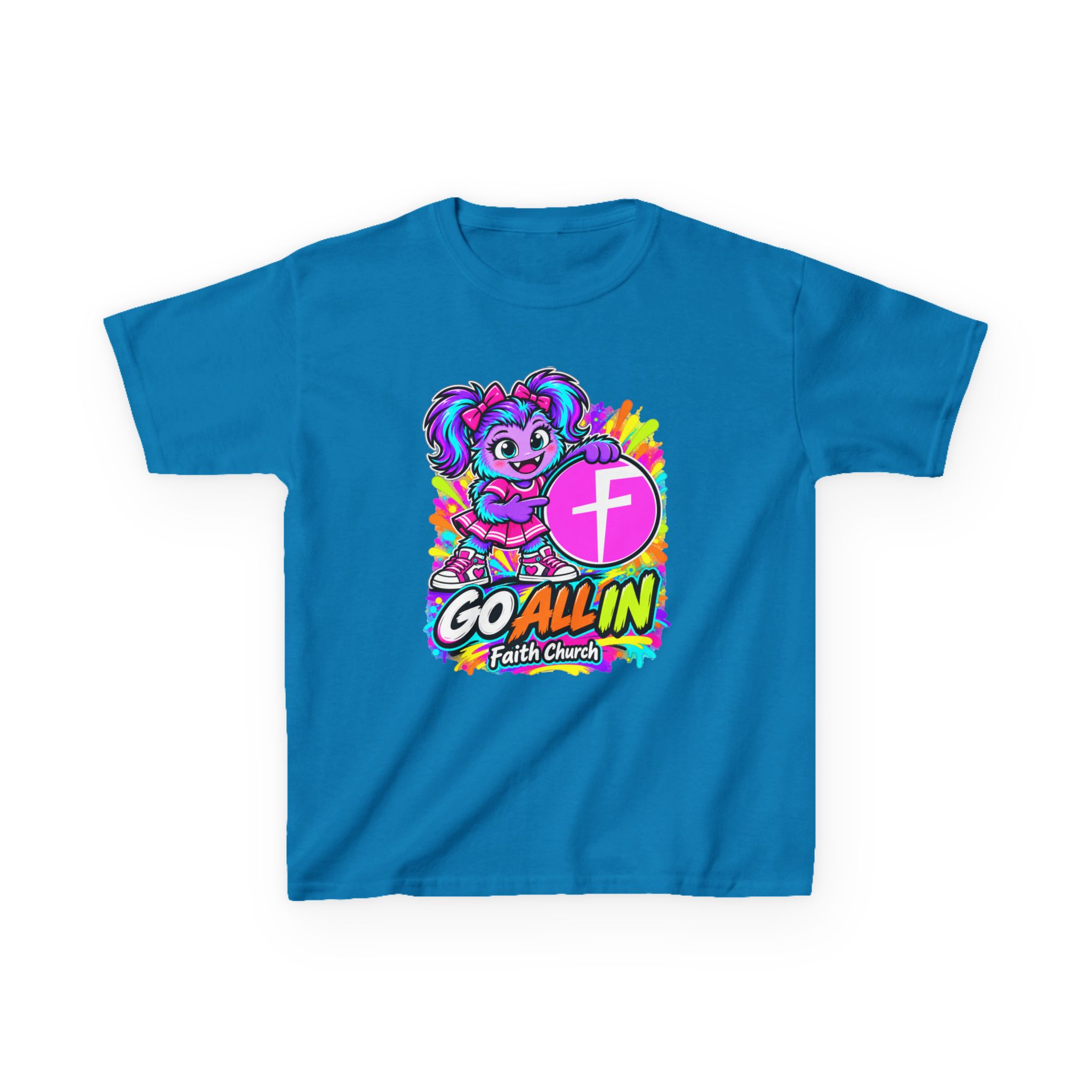 Kids T-Shirt — "Go All In" Faith Church Bright Mascot Design - Image 31