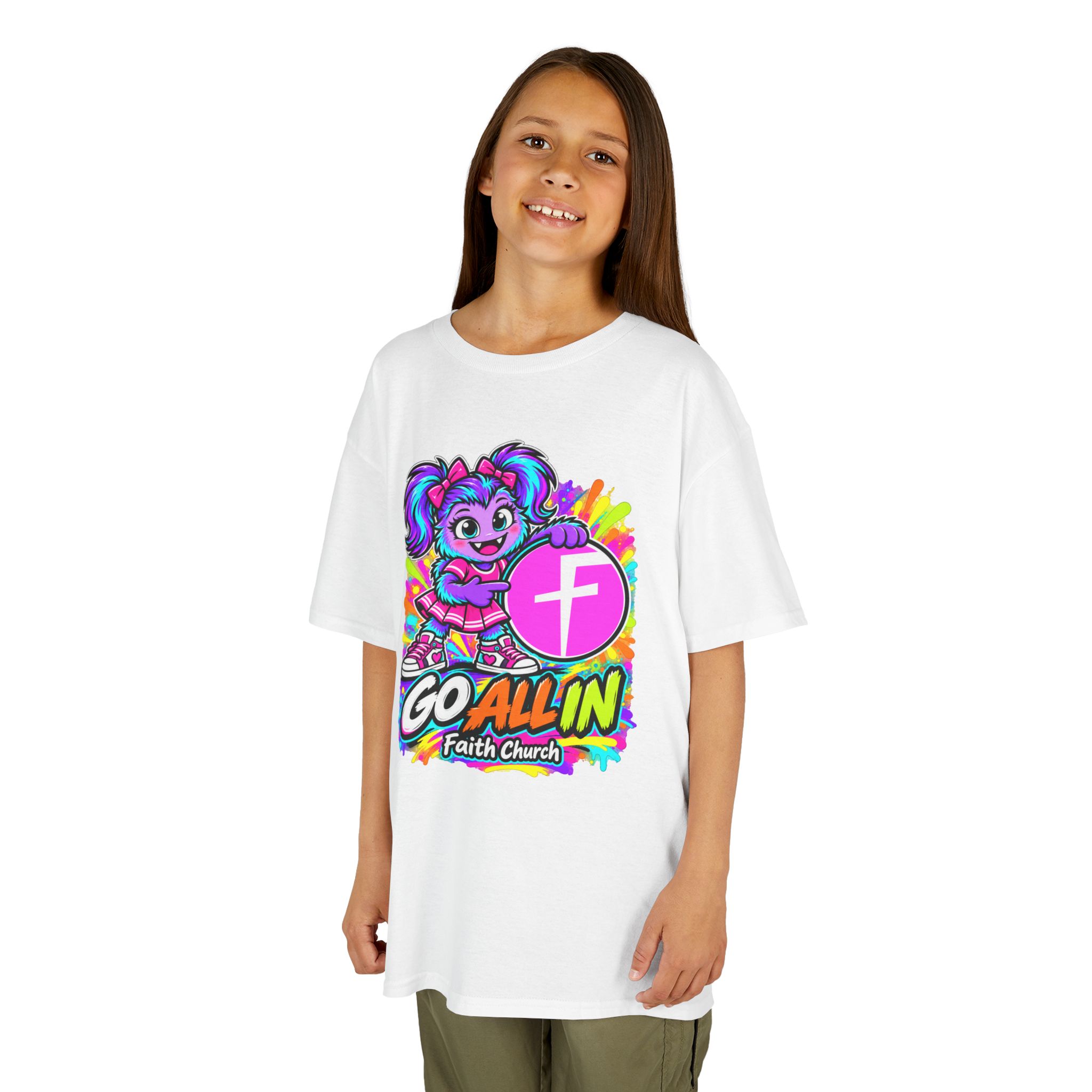 Kids T-Shirt — "Go All In" Faith Church Bright Mascot Design - Image 3