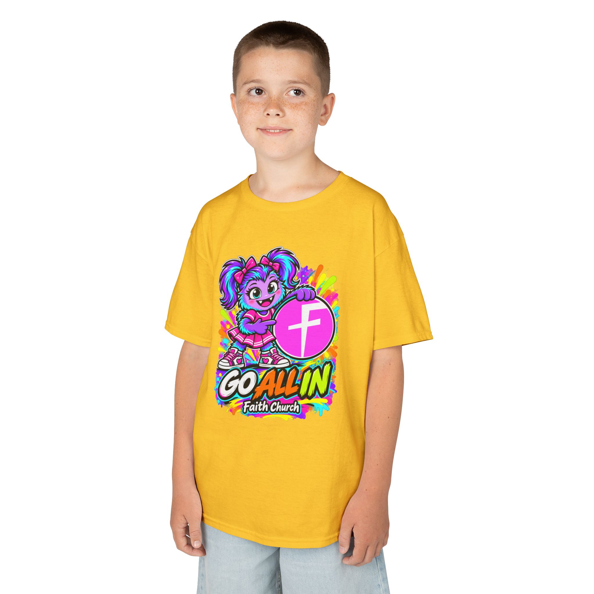 Kids T-Shirt — "Go All In" Faith Church Bright Mascot Design - Image 19