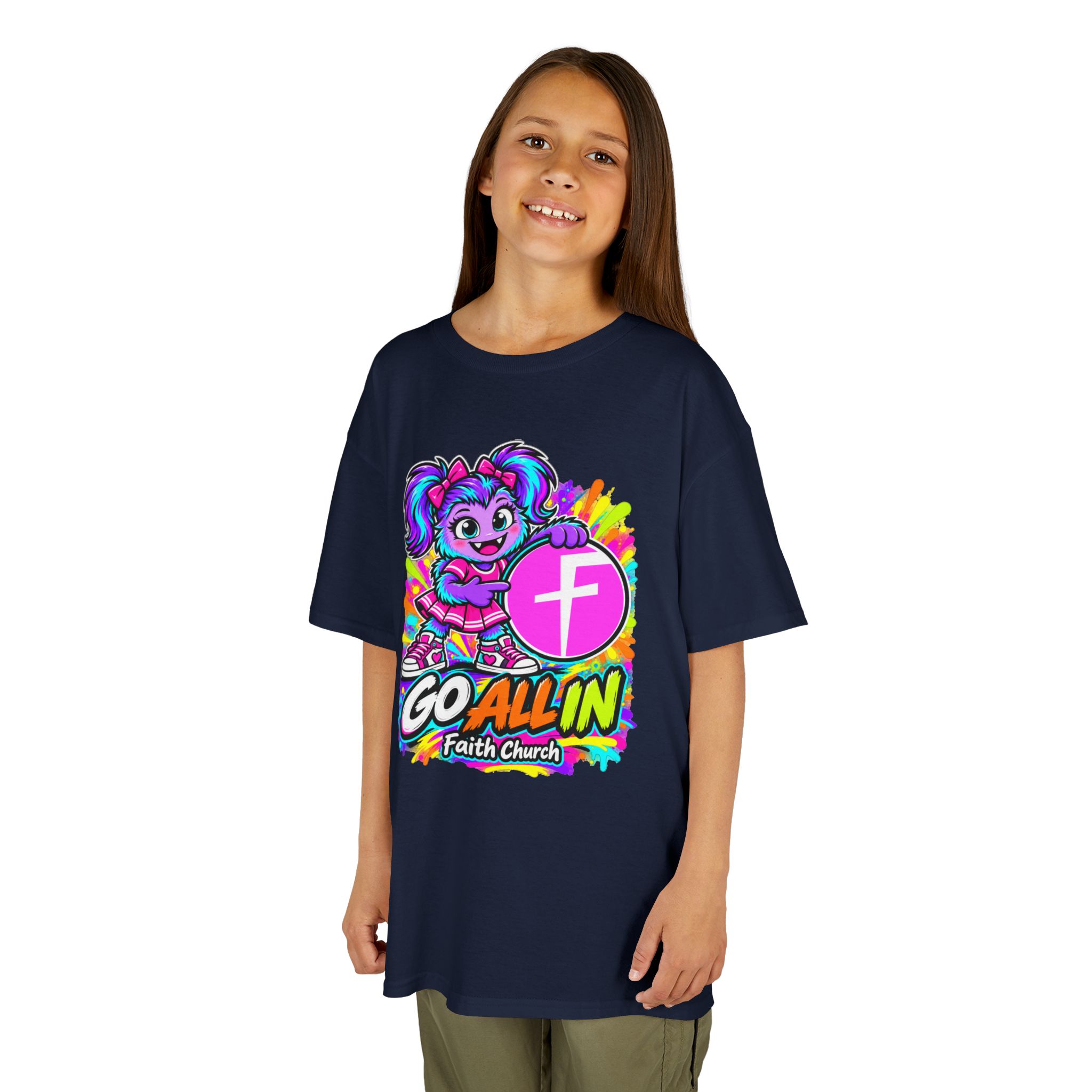 Kids T-Shirt — "Go All In" Faith Church Bright Mascot Design - Image 43