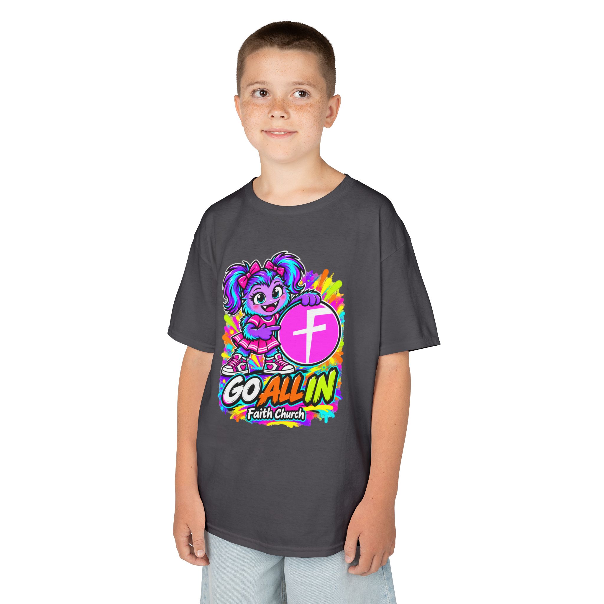 Kids T-Shirt — "Go All In" Faith Church Bright Mascot Design - Image 39