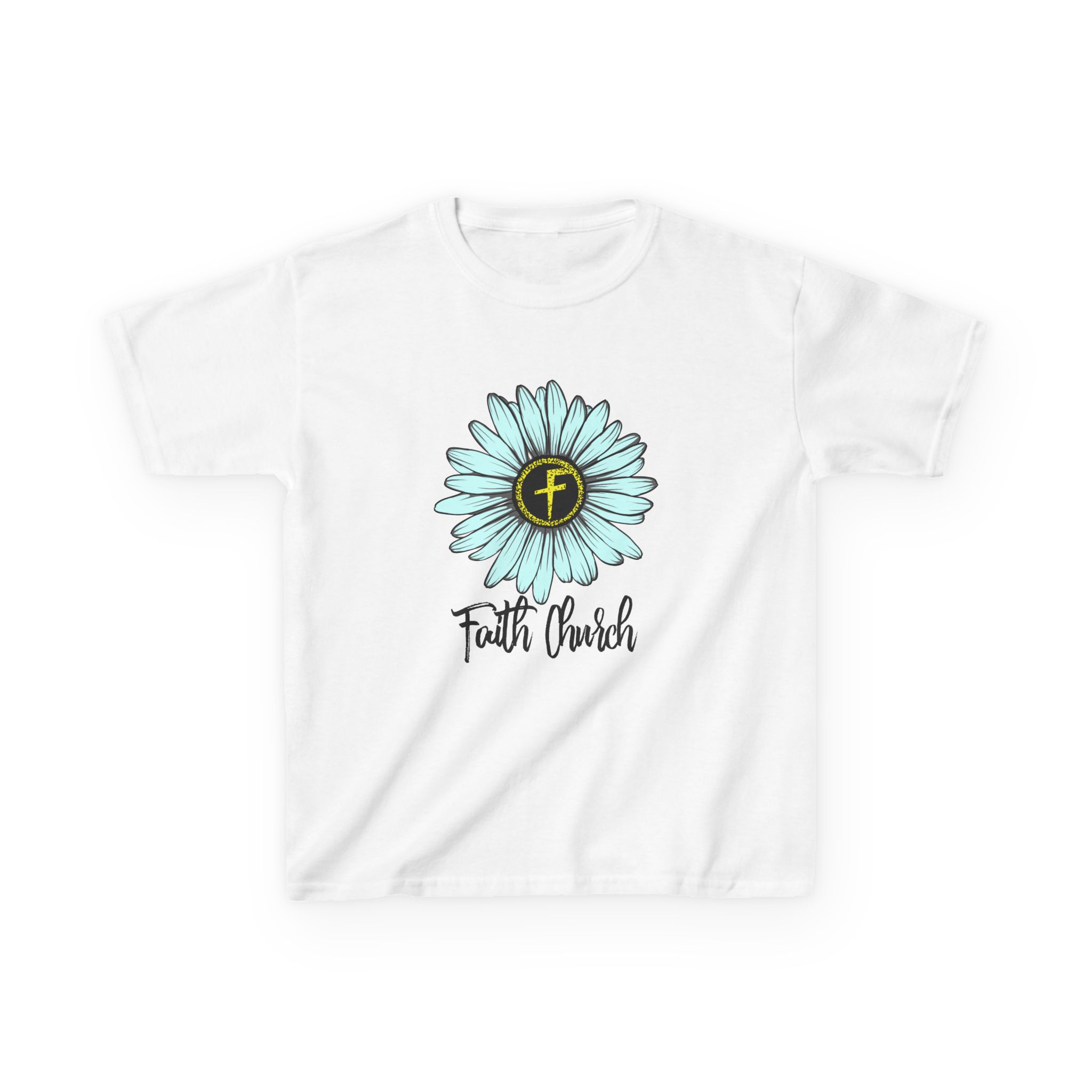 Kids Tee – Blue Daisy “Faith Overfear” Floral Christian Shirt