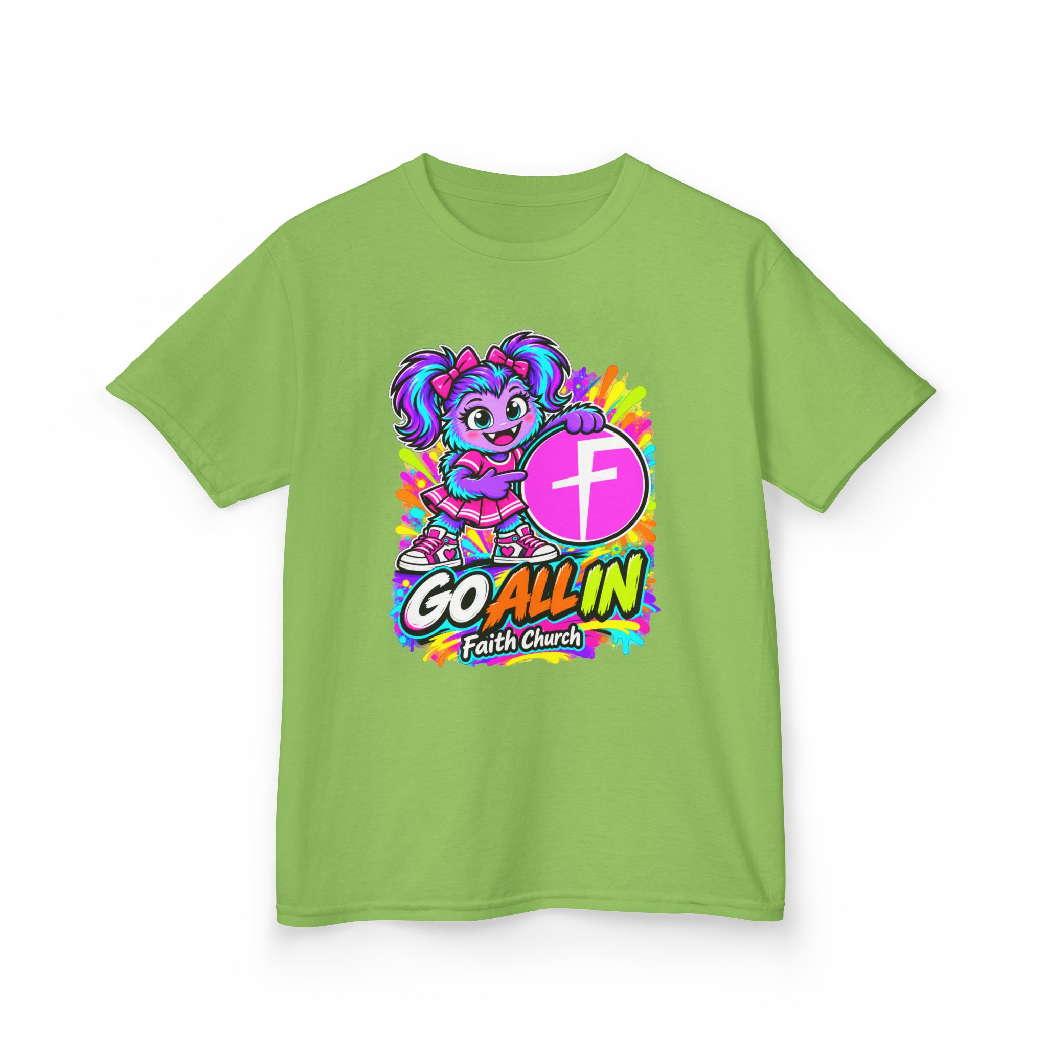 Kids T-Shirt — "Go All In" Faith Church Bright Mascot Design - Image 22