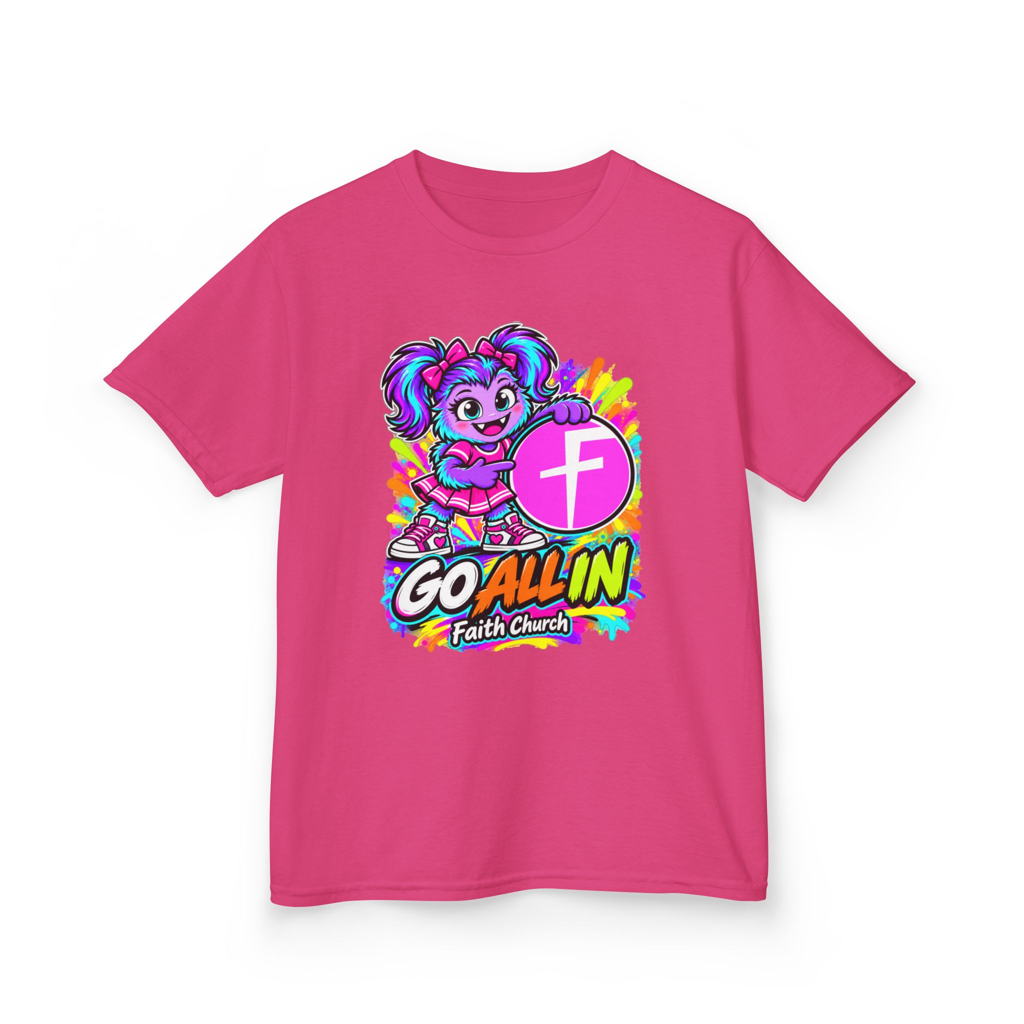 Kids T-Shirt — "Go All In" Faith Church Bright Mascot Design - Image 52