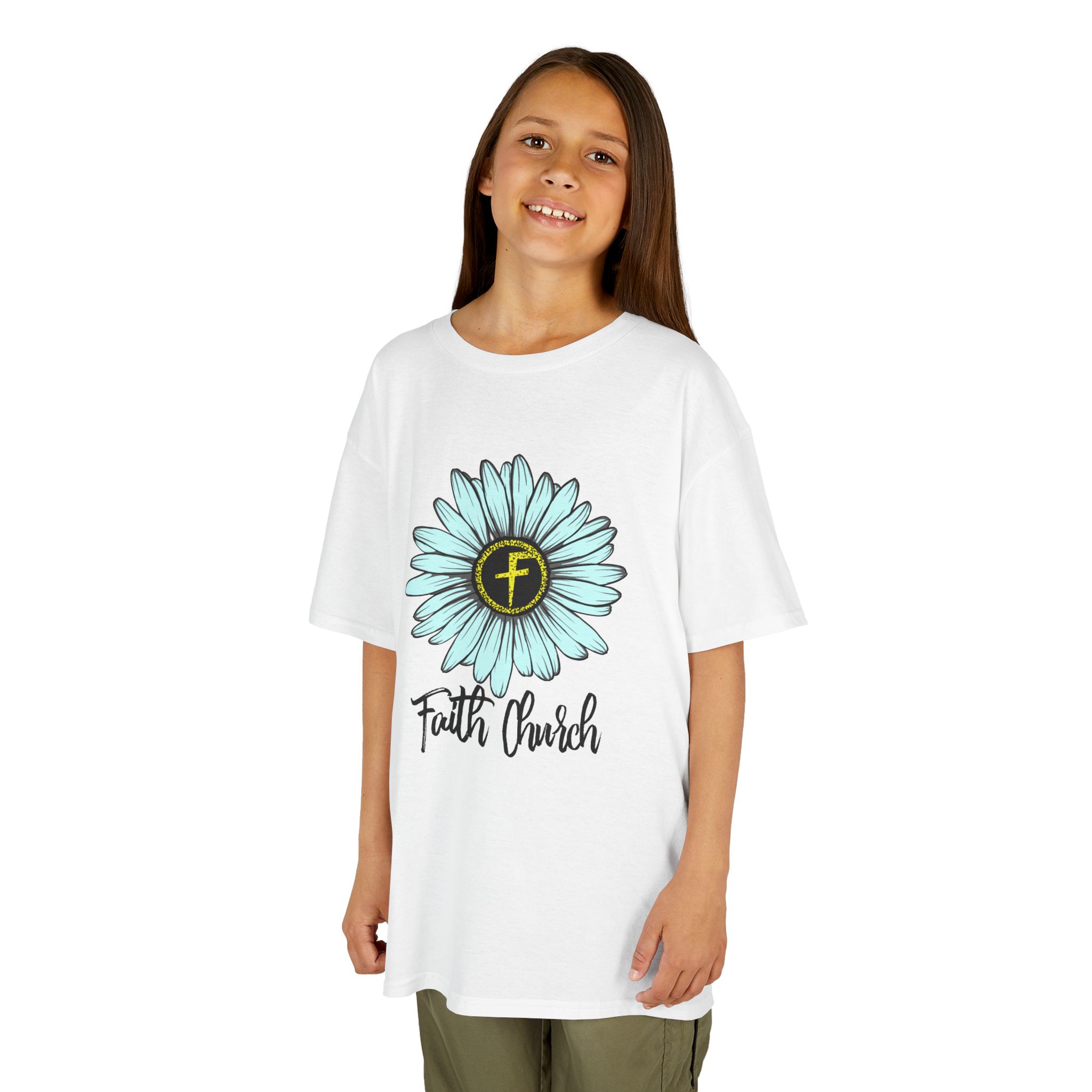 Kids Tee – Blue Daisy “Faith Overfear” Floral Christian Shirt - Image 3