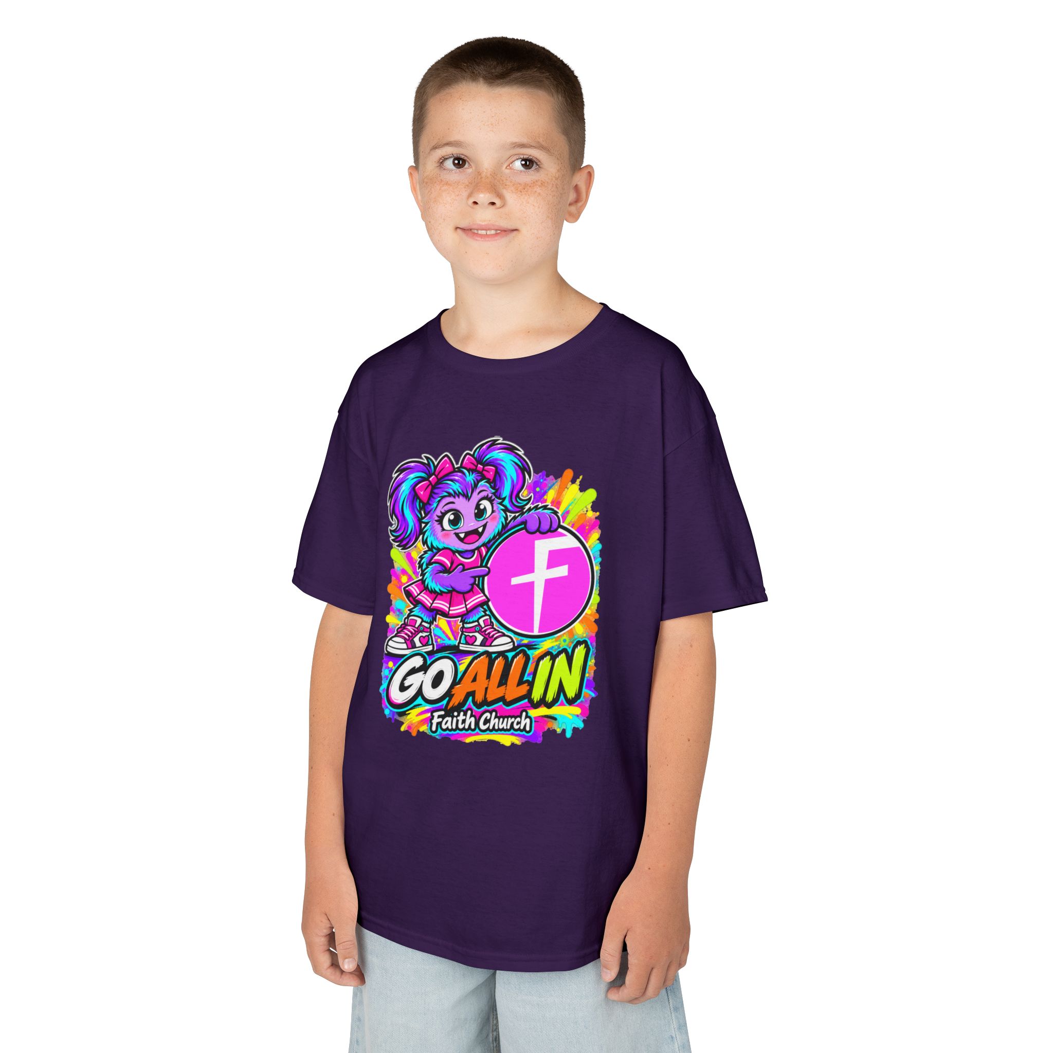 Kids T-Shirt — "Go All In" Faith Church Bright Mascot Design - Image 49