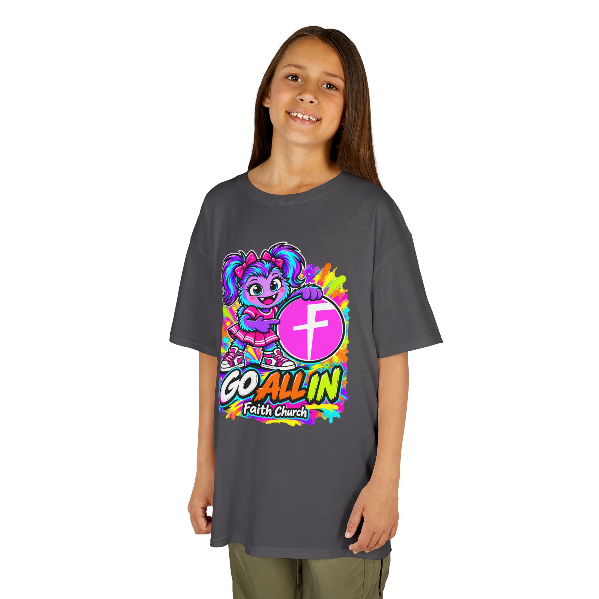 Kids T-Shirt — "Go All In" Faith Church Bright Mascot Design - Image 38