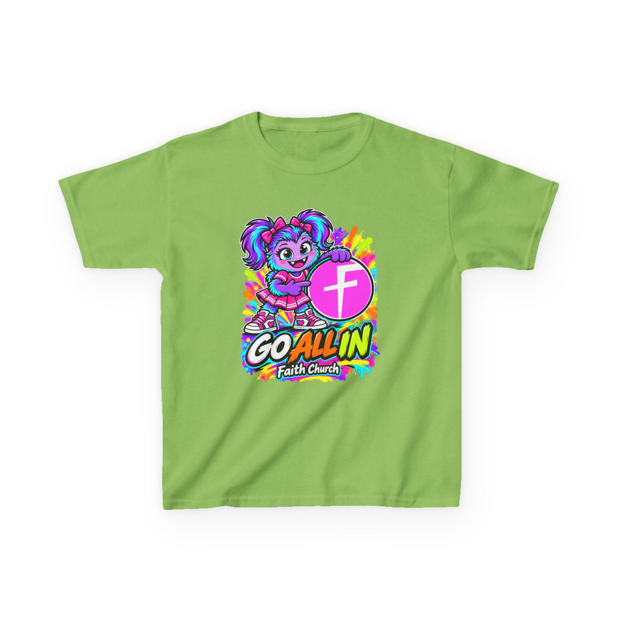 Kids T-Shirt — "Go All In" Faith Church Bright Mascot Design - Image 21