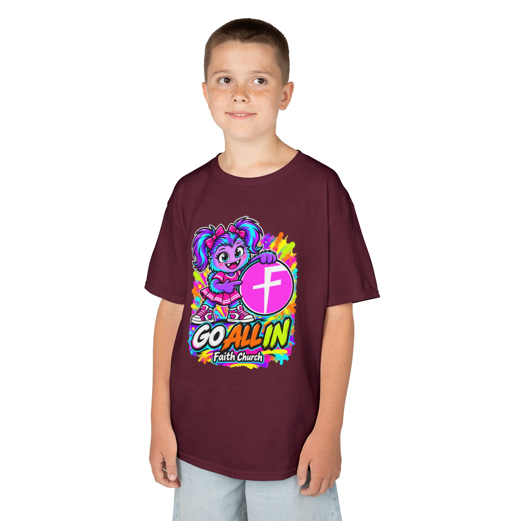 Kids T-Shirt — "Go All In" Faith Church Bright Mascot Design - Image 14