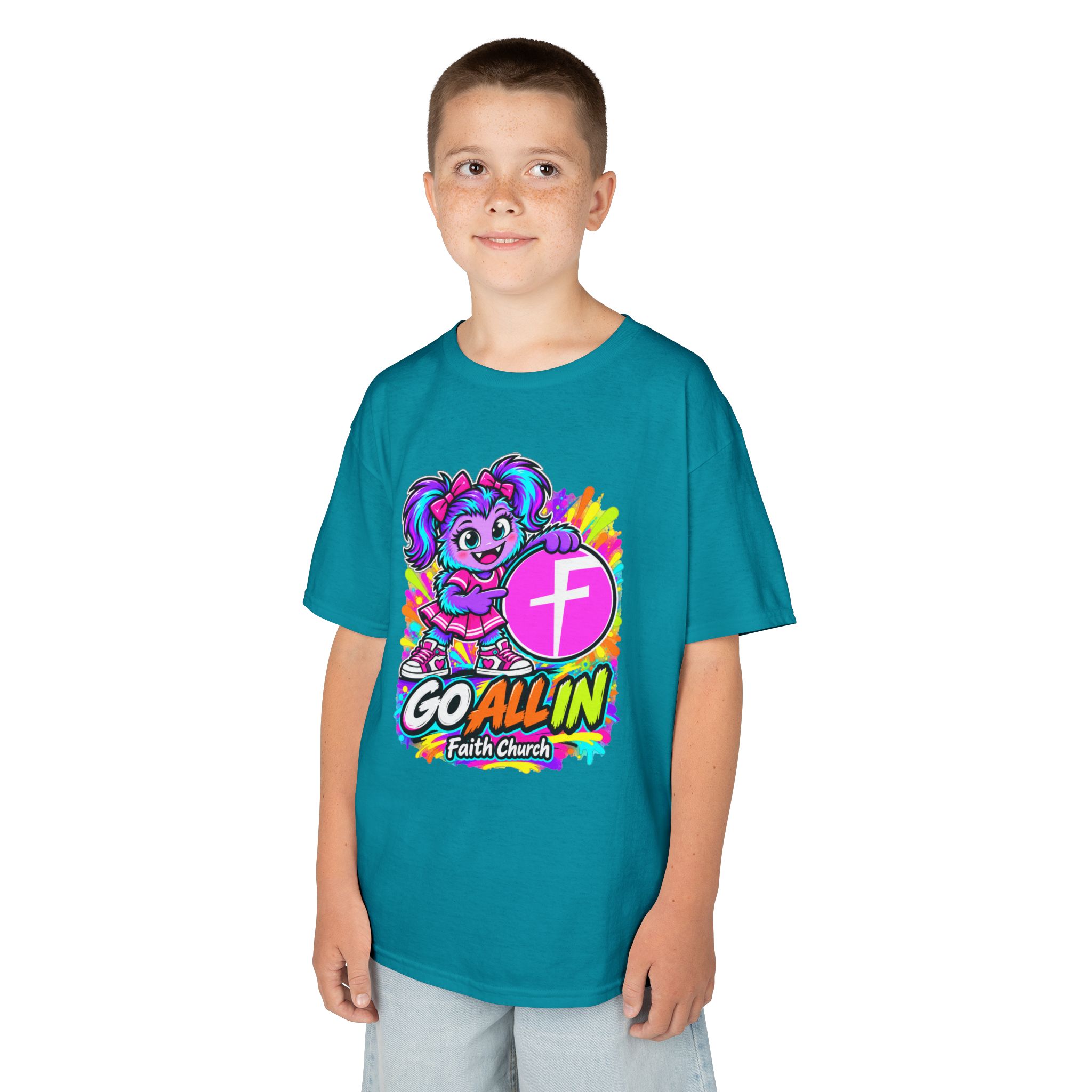 Kids T-Shirt — "Go All In" Faith Church Bright Mascot Design - Image 29