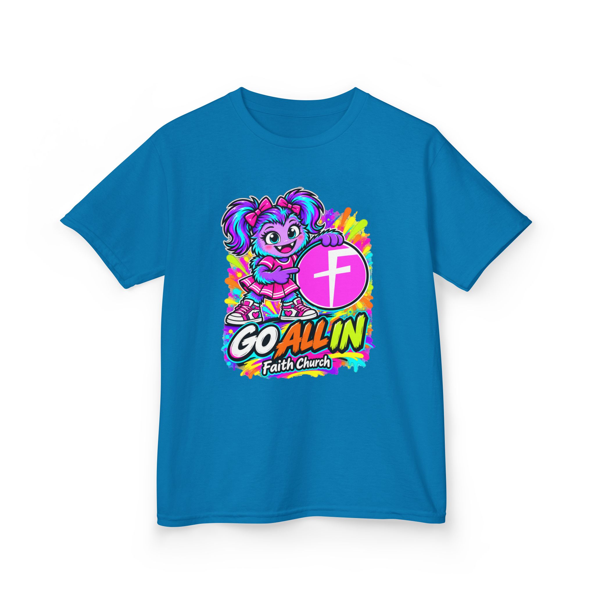 Kids T-Shirt — "Go All In" Faith Church Bright Mascot Design - Image 32