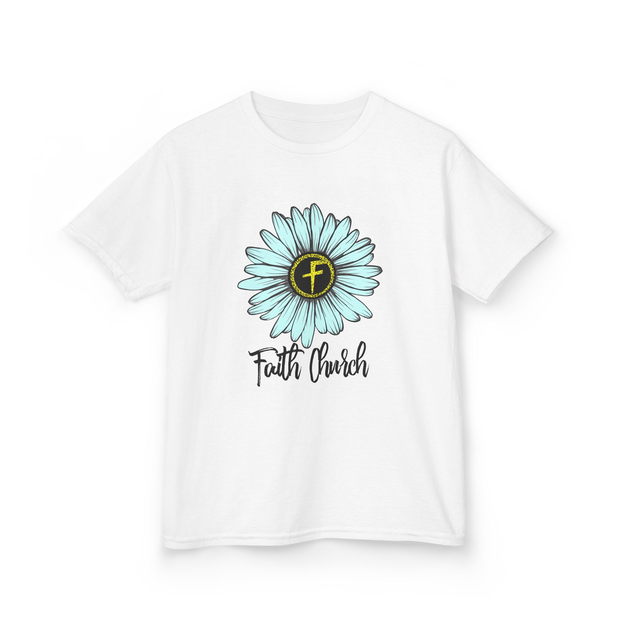 Kids Tee – Blue Daisy “Faith Overfear” Floral Christian Shirt - Image 2
