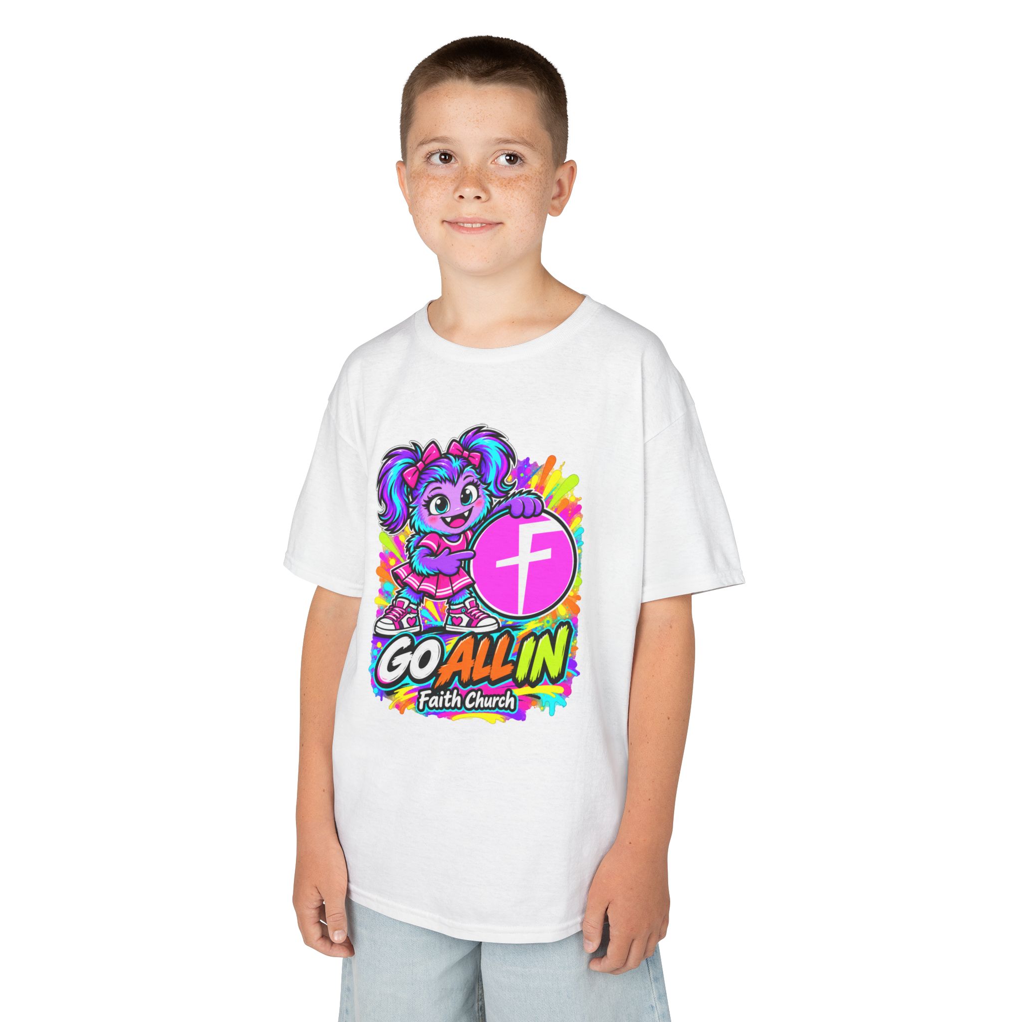 Kids T-Shirt — "Go All In" Faith Church Bright Mascot Design - Image 4