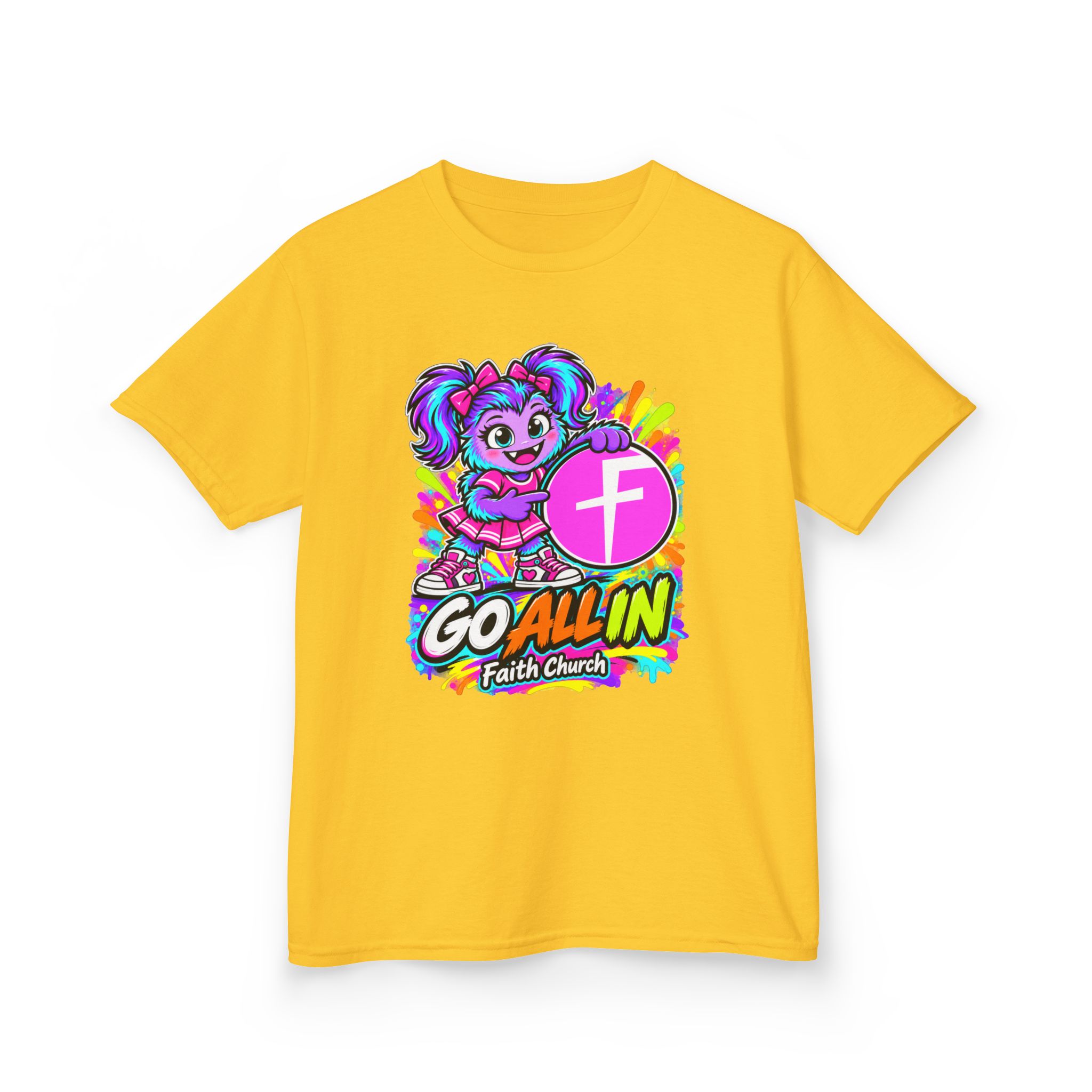 Kids T-Shirt — "Go All In" Faith Church Bright Mascot Design - Image 17