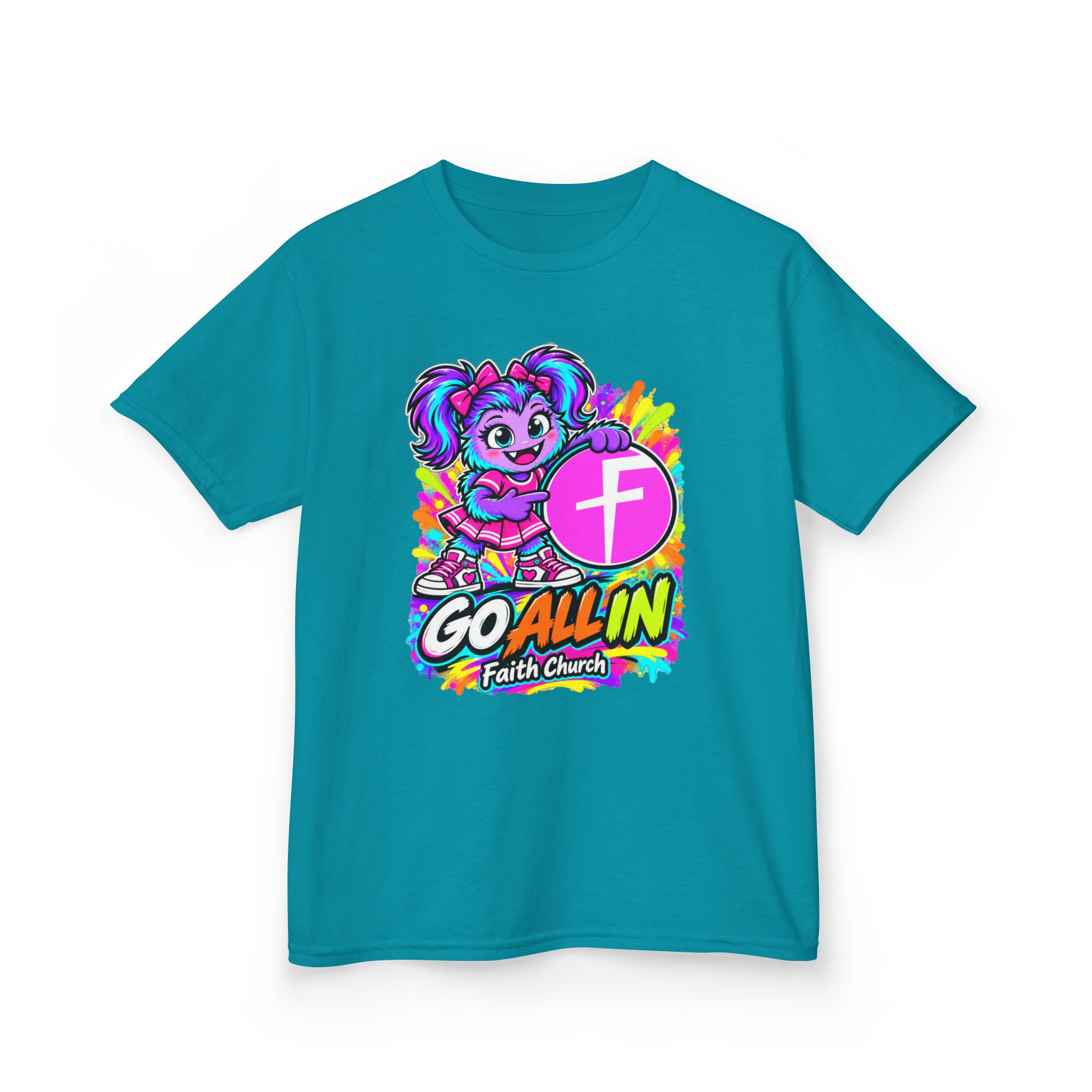 Kids T-Shirt — "Go All In" Faith Church Bright Mascot Design - Image 27