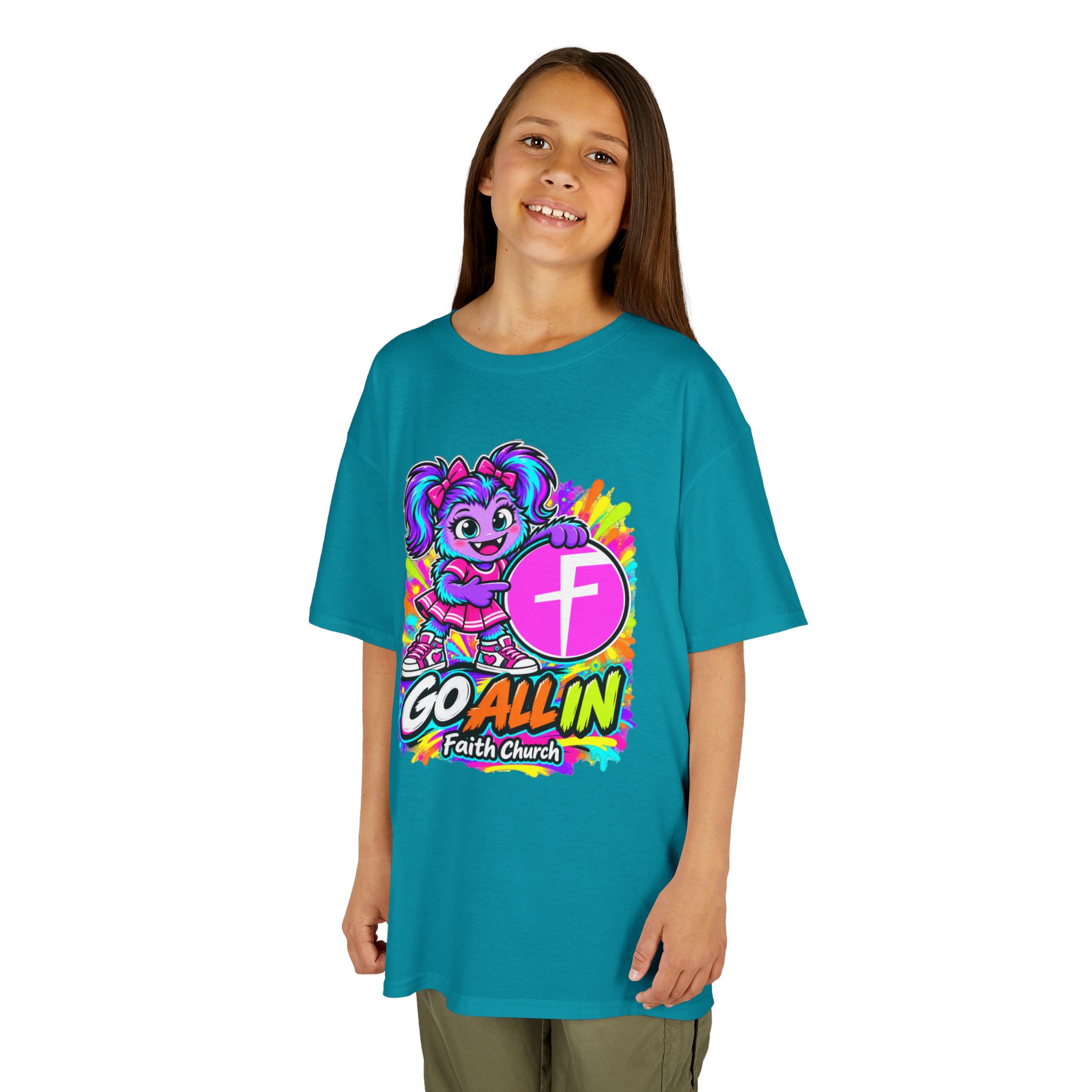 Kids T-Shirt — "Go All In" Faith Church Bright Mascot Design - Image 28