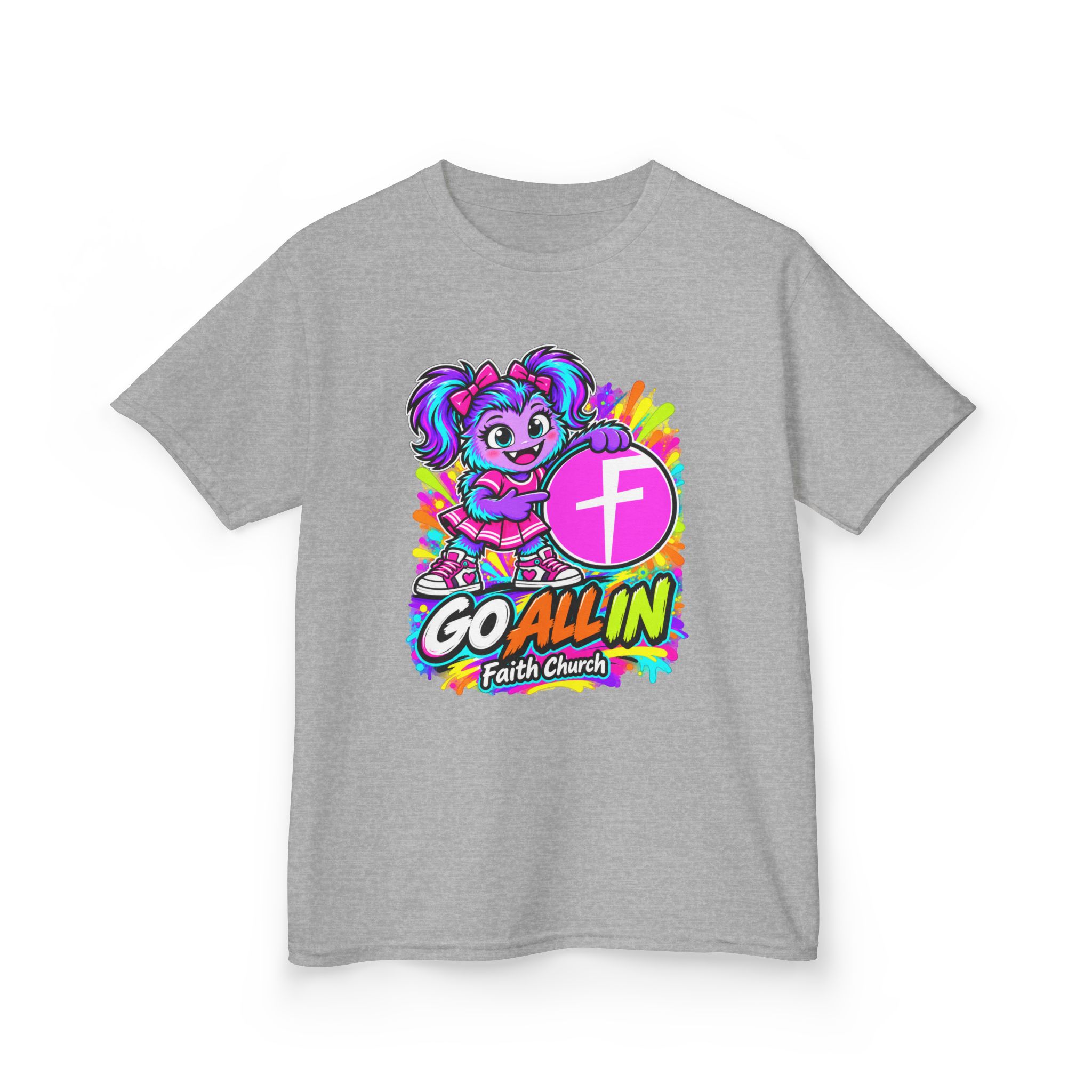 Kids T-Shirt — "Go All In" Faith Church Bright Mascot Design - Image 7
