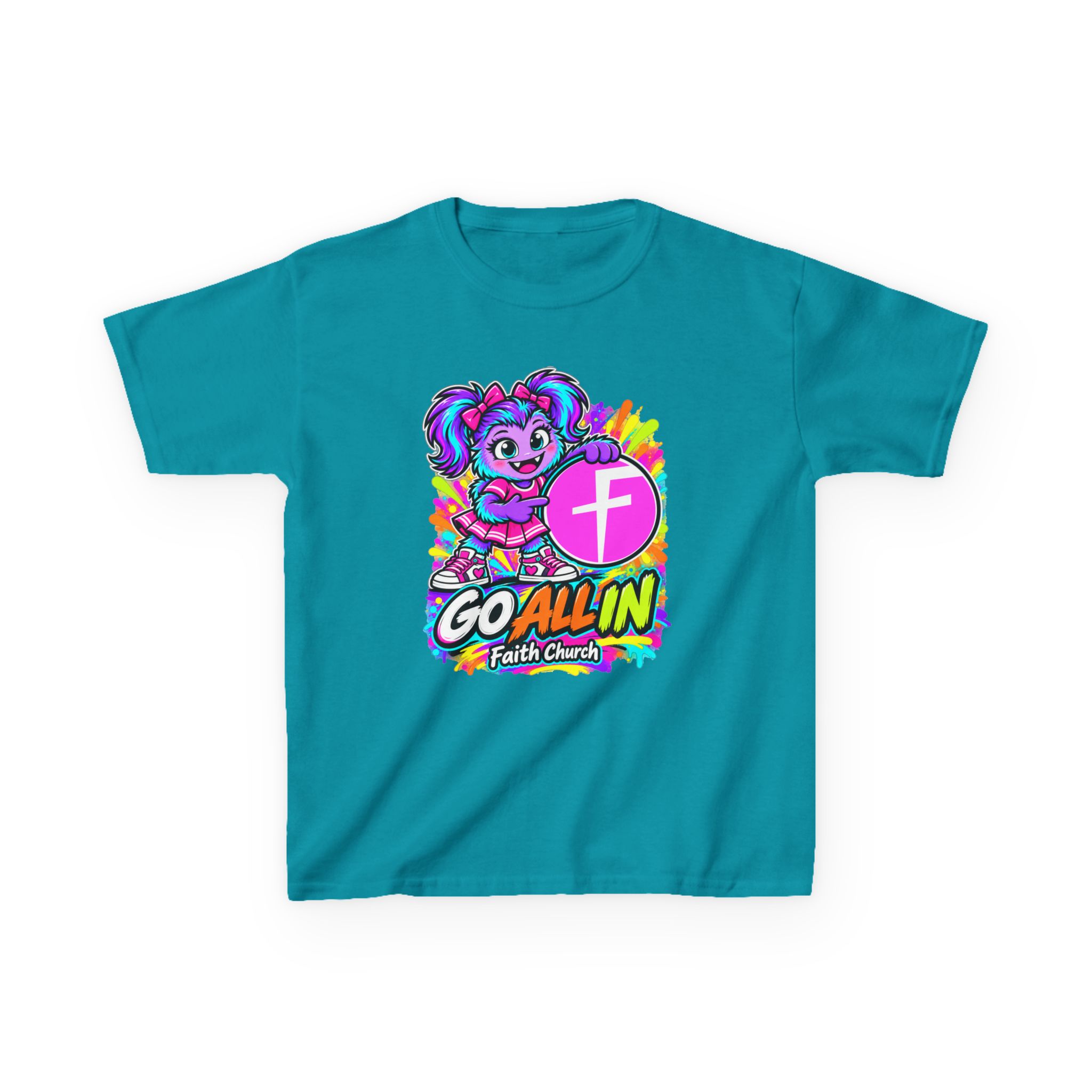 Kids T-Shirt — "Go All In" Faith Church Bright Mascot Design - Image 26